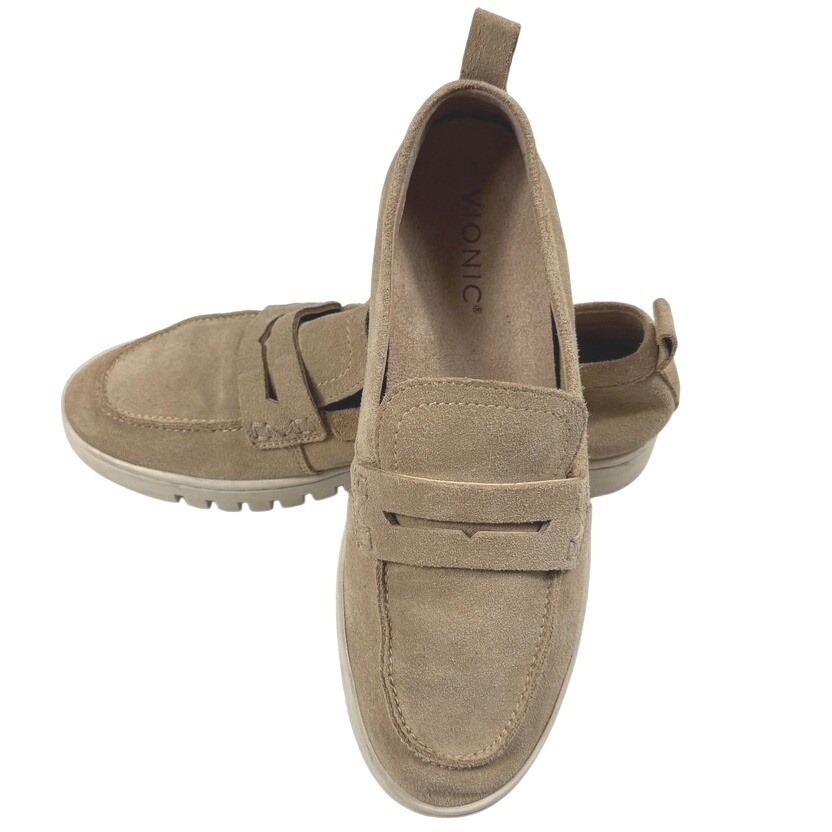 Vionic Uptown Tan Suede Penny Loafer Sneaker Orthotic Comfort Slip On Sz 9