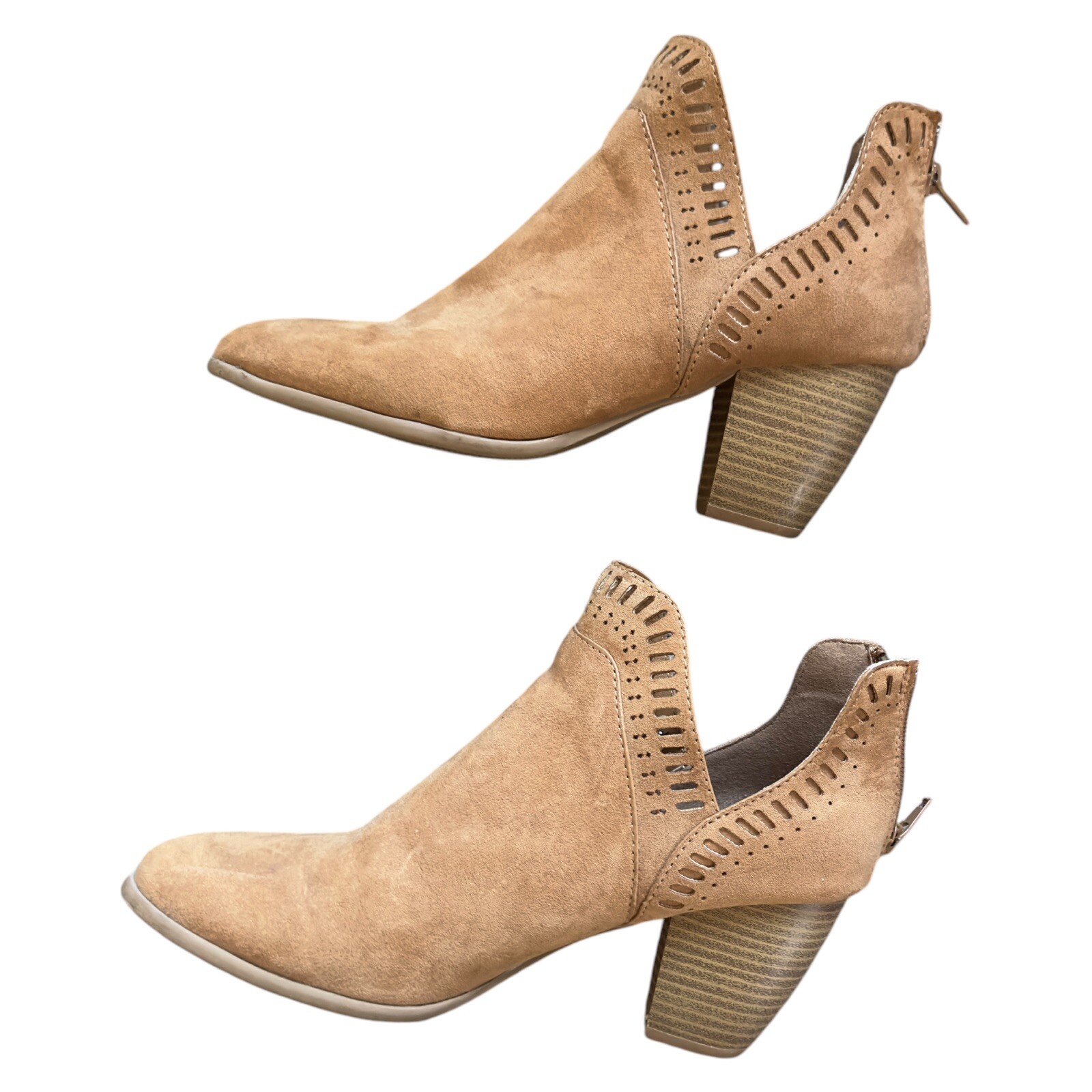 Brown Suede Ankle Booties 5 Block Heel Zip Square Toe Boho Western Minimalist