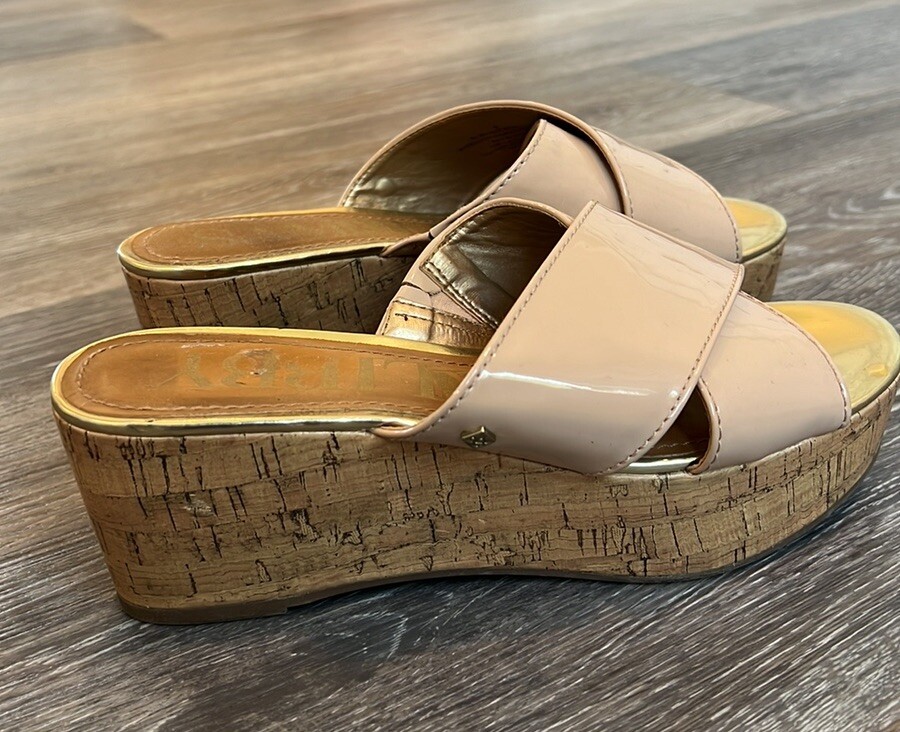 Sam & Libby Wedge Sandals Tan Gold Womens Size 6
