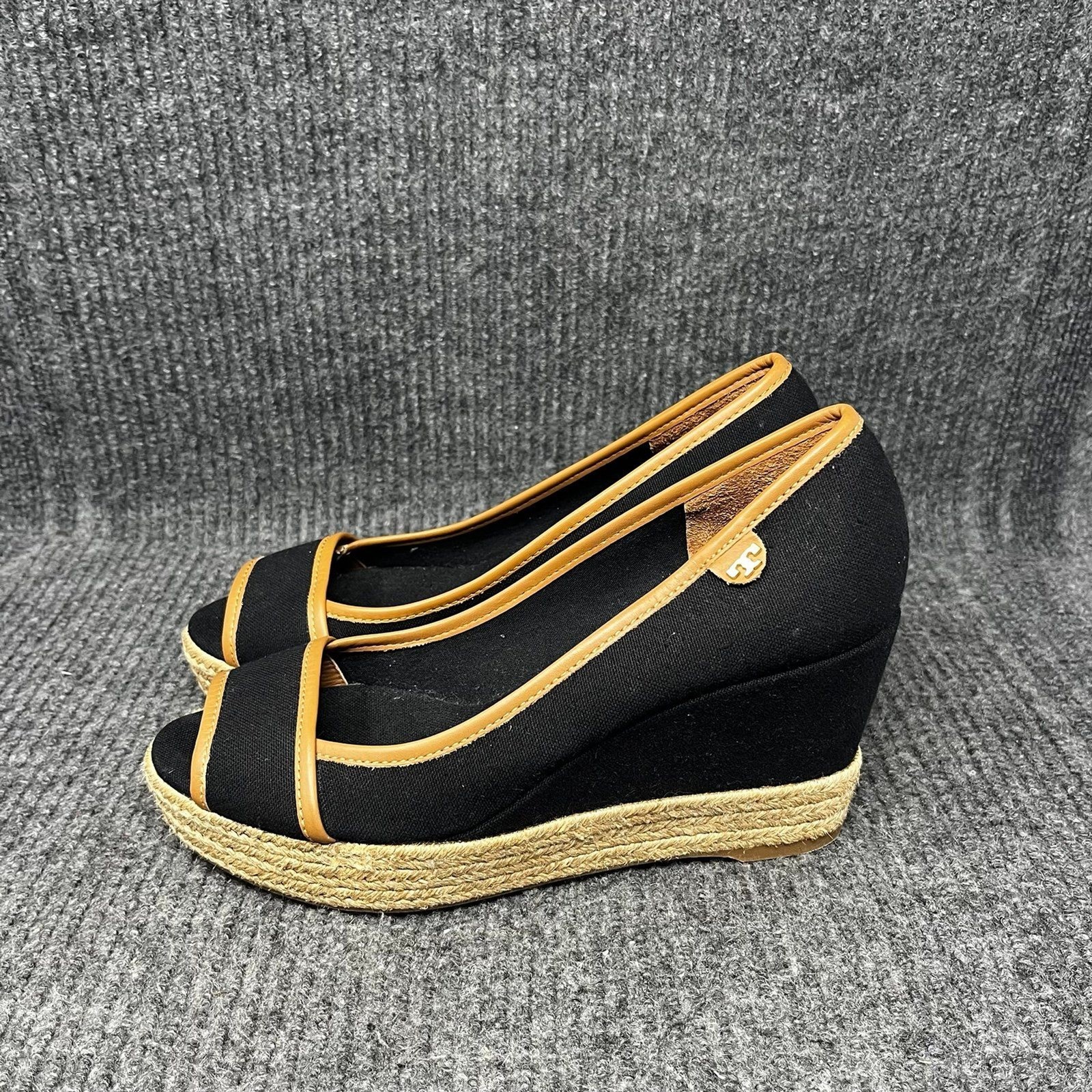 Tory Burch Majorca Logo Wedge Sandals Peep Toe Black Canvas Womens 9.5 / 39.5 EU