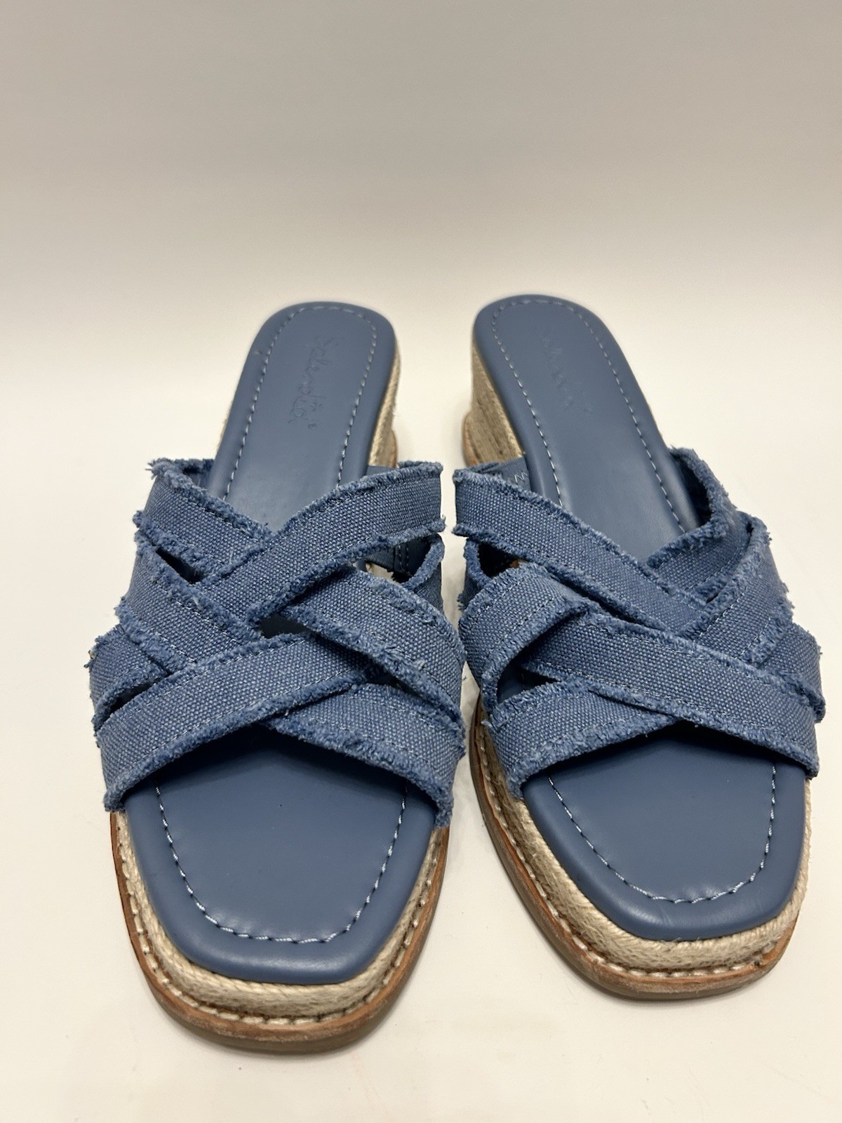 Splendid blue denim frayed cross-strap wedge sandals, Size 10