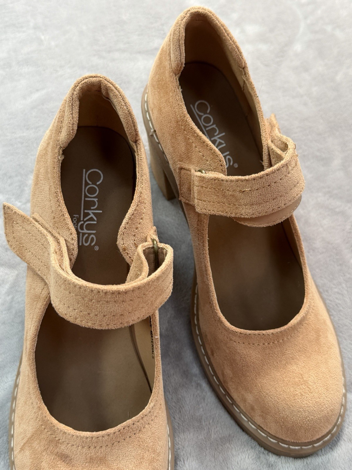 Corkys Camel Suede Mary Jane Heels Round Toe Hook & Loop Ankle Strap US 9