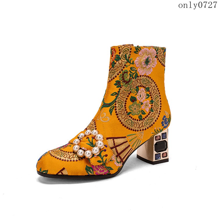 Women’s Ankle Boots Rhinestone Mid Chunky Heel Side Zip Embroidered Shoes Hot