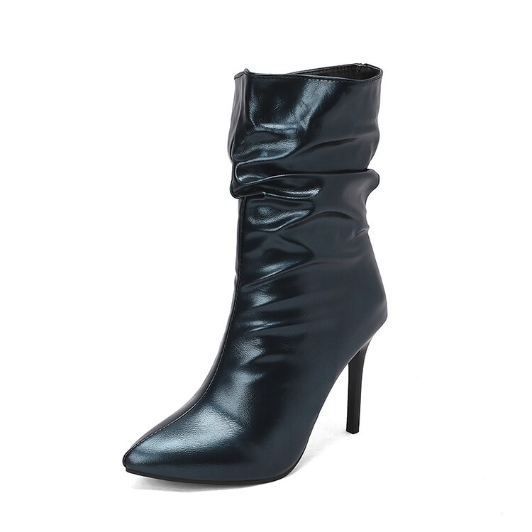 Women’s High Stiletto Heels Mid-calf Short Boots Casual Pleated Shoes Outdoor