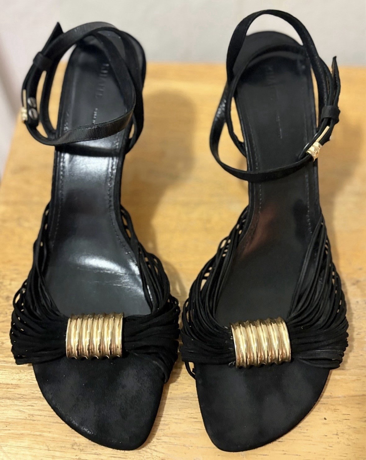 Khaite Womens Black Gold Leather Suede Strappy Heel Ankle Strap US 10.5