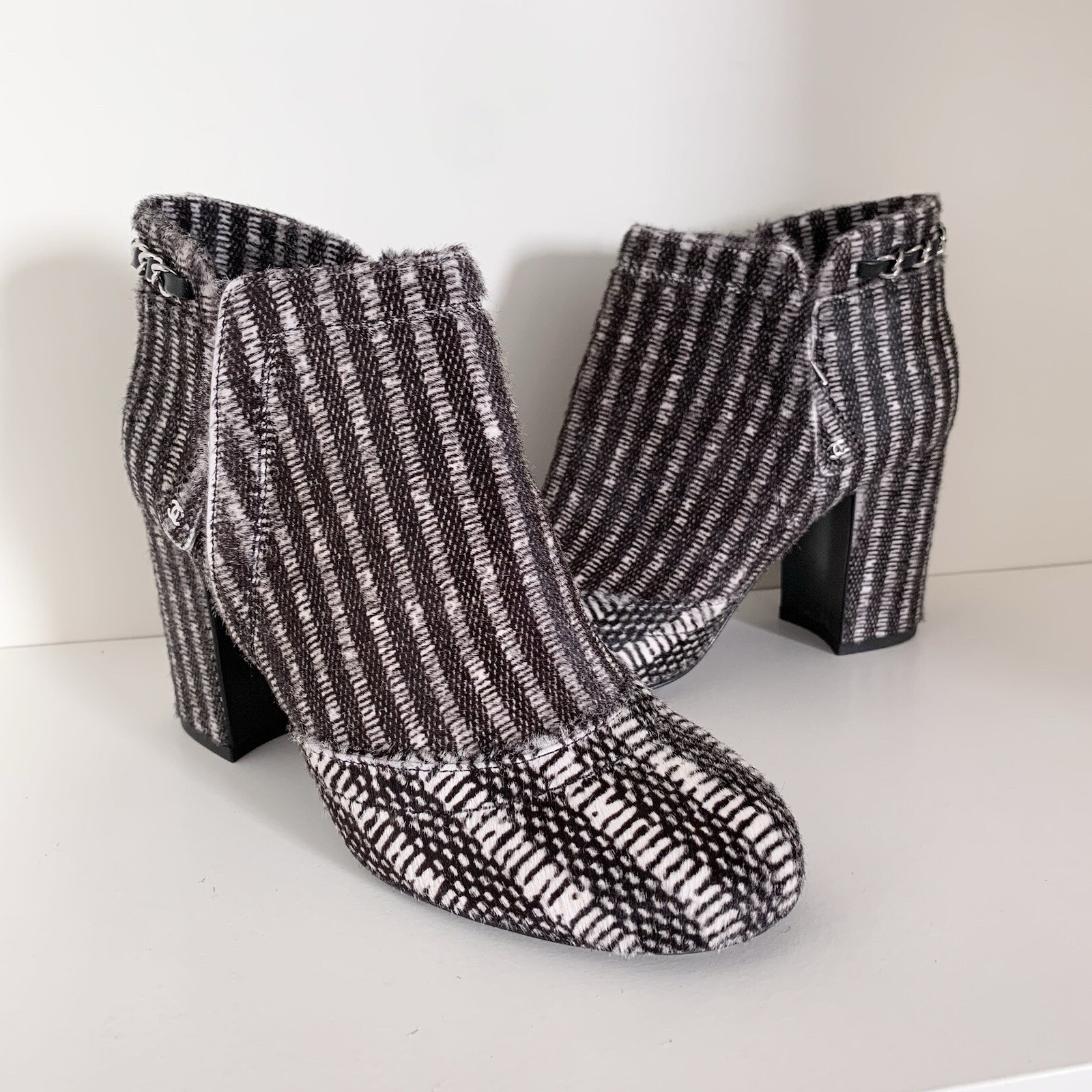 Chanel Pony Hair Chain Logo Zipper Heel Boots 36 Retail $2100