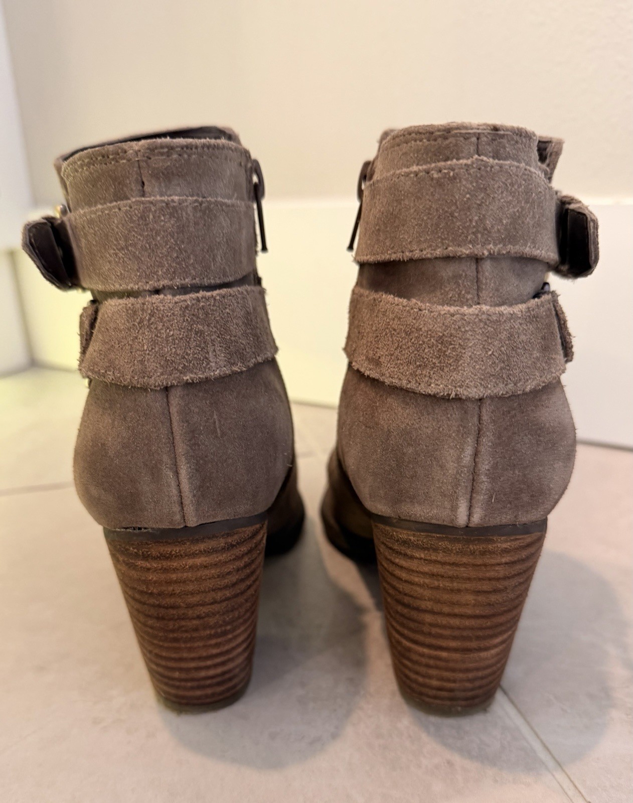 GUESS Taupe Suede Ankle Booties Buckle Zipper Strap Block Heel Round Toe