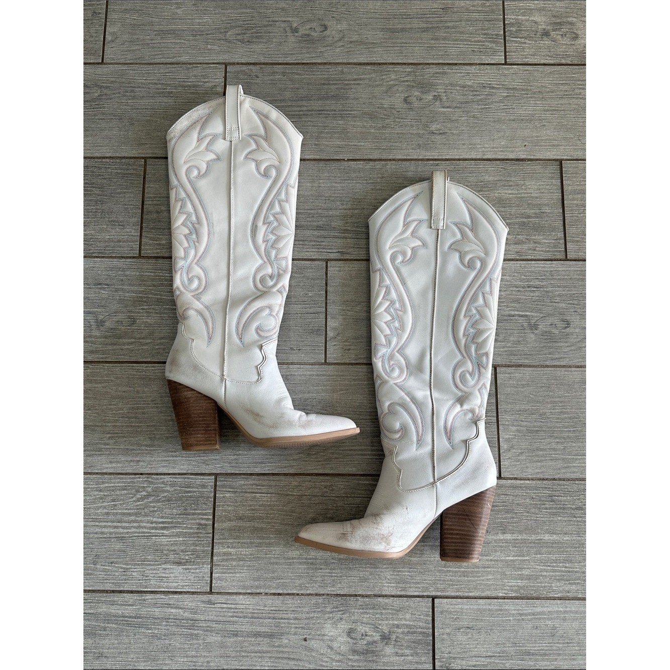 Steve Madden Women’s Leather Lashes Western Boots Distressed White Size 8.5M