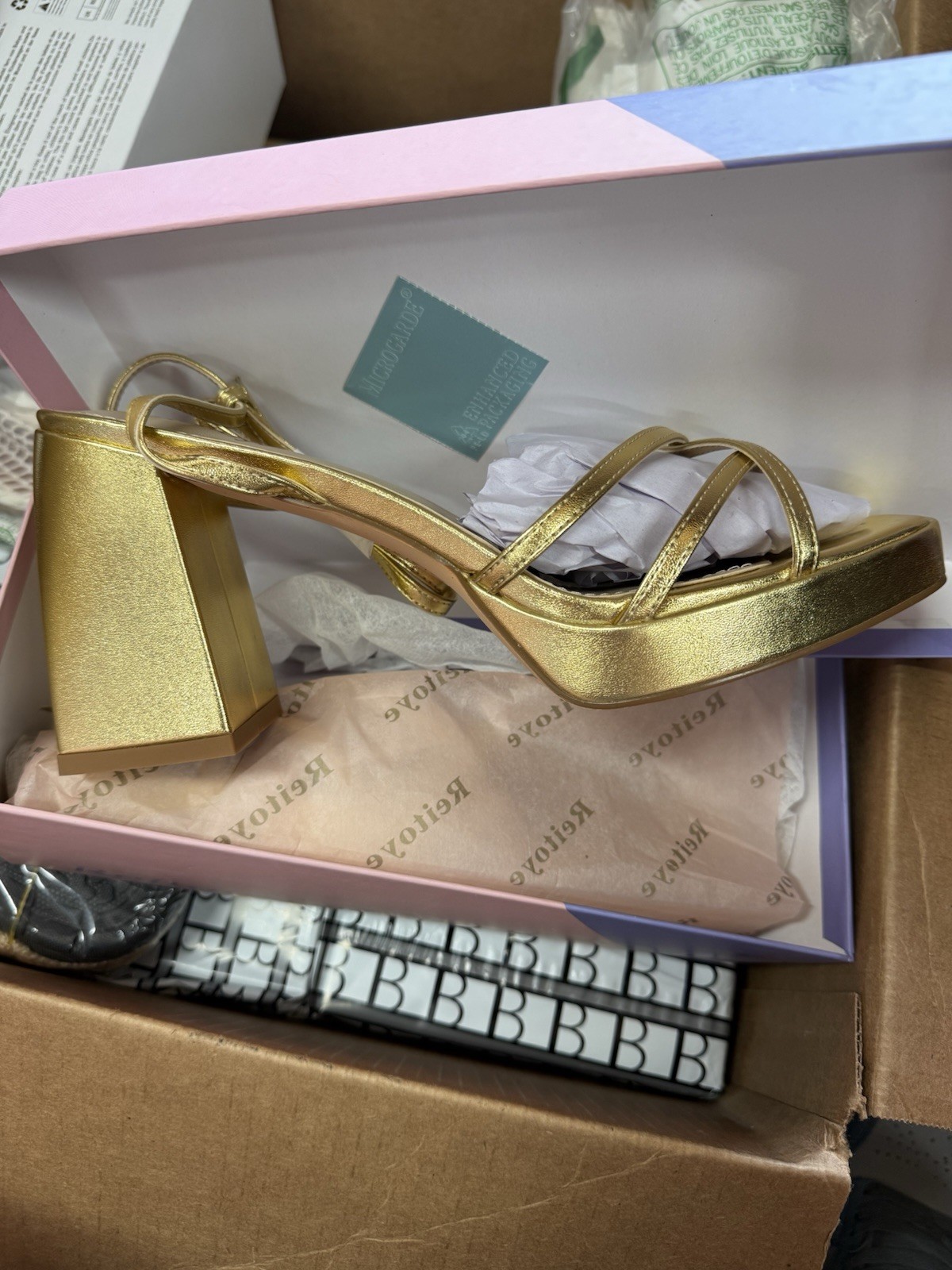 Reitoye Women’s Gold Strappy Square Toe Block Heel Ankle Strap Buckle 9.5