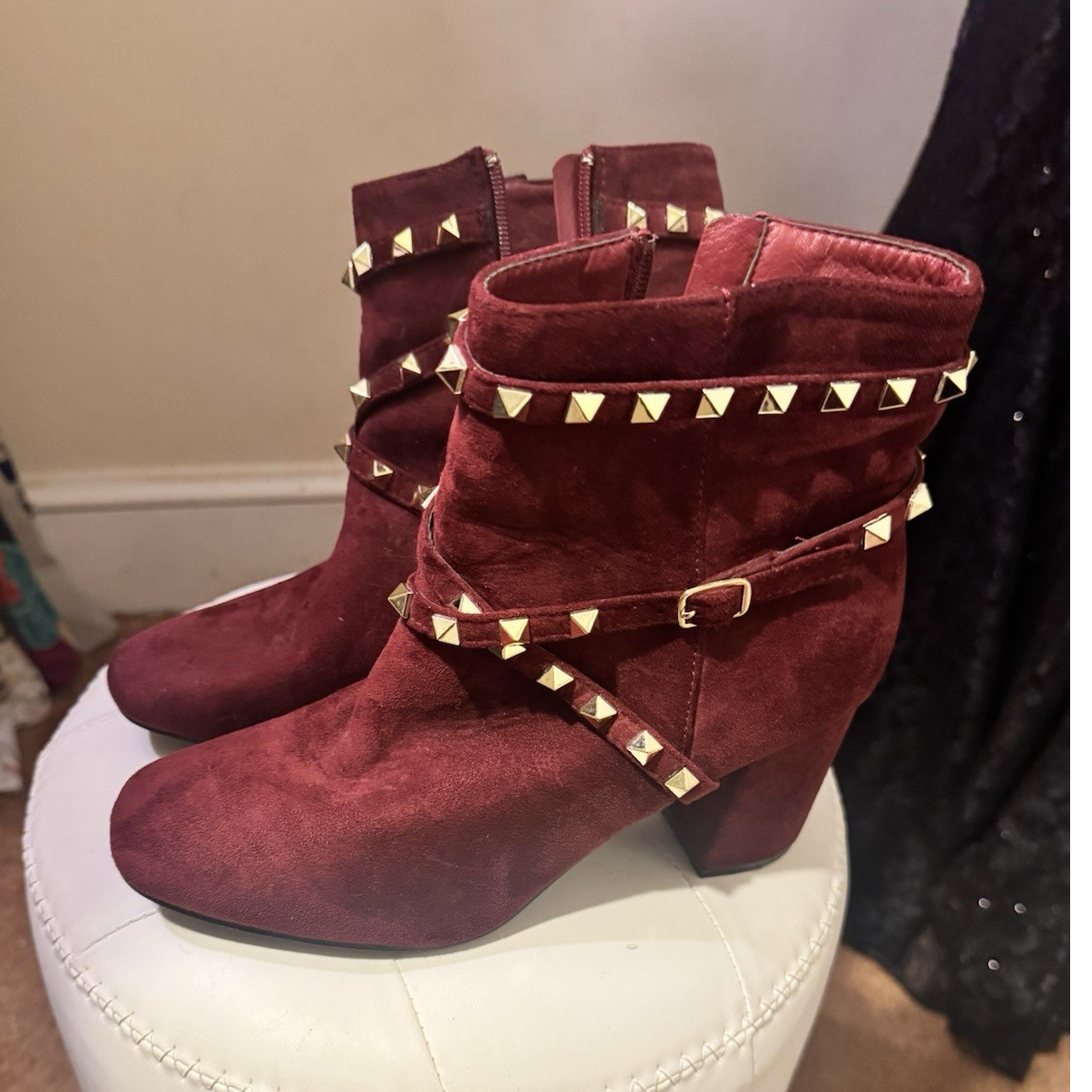 CATHERINE MALANDRINO Burgundy Suede Studded Buckle Ankle Booties Zip US 8