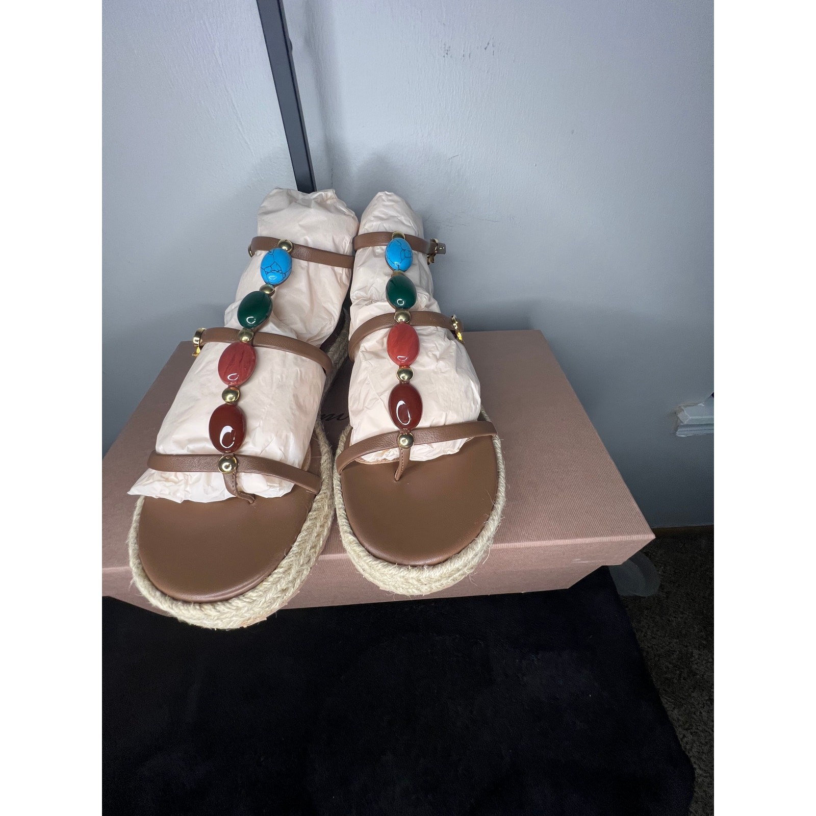 Gianvito Rossi Shanti Beach Sandals 36 Tan Leather Jeweled Platform NIB