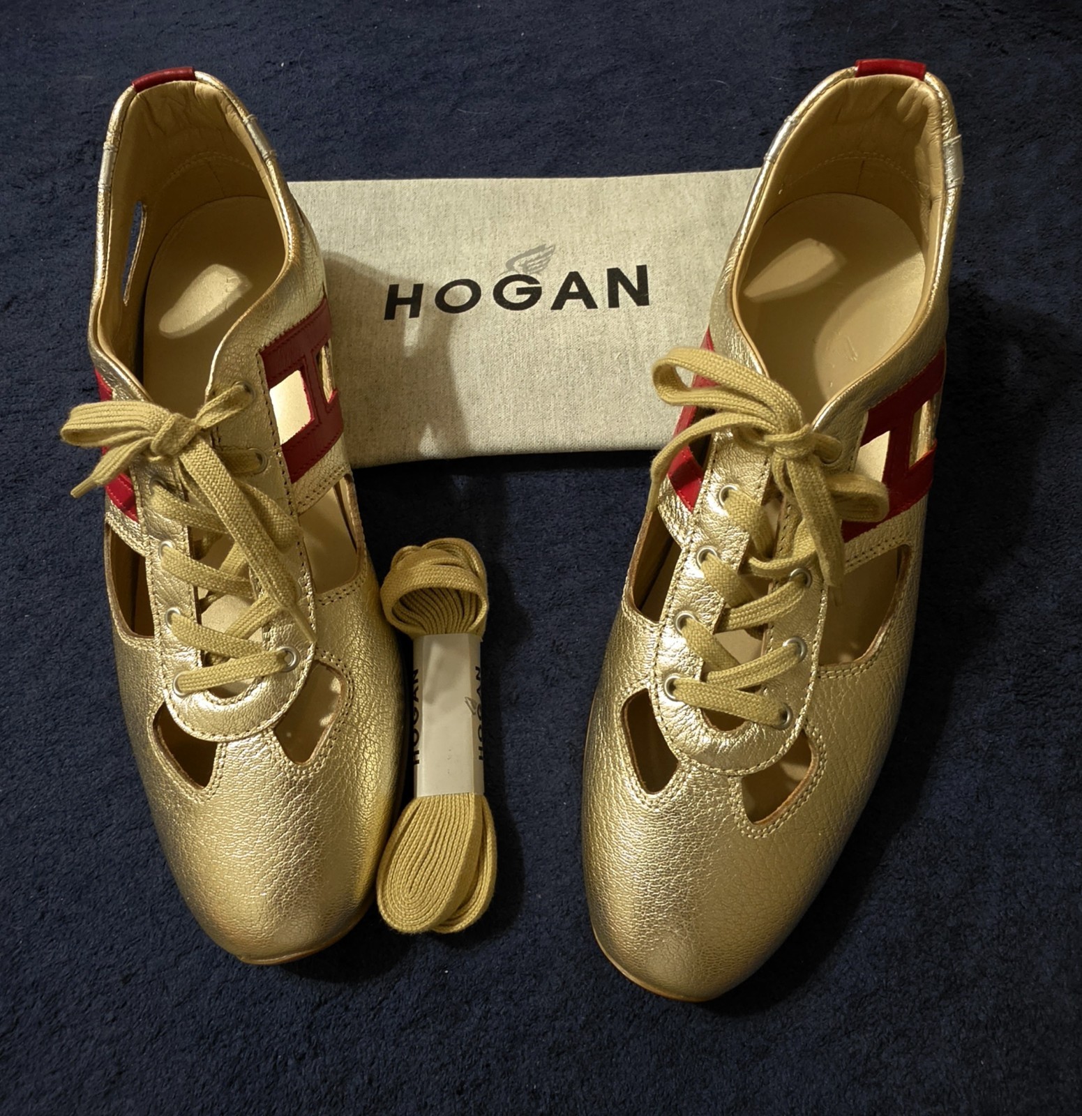 Hogan Sprint Atletica Vintage Gold Red Leather Cutout Sneakers NOS women’s 9 US