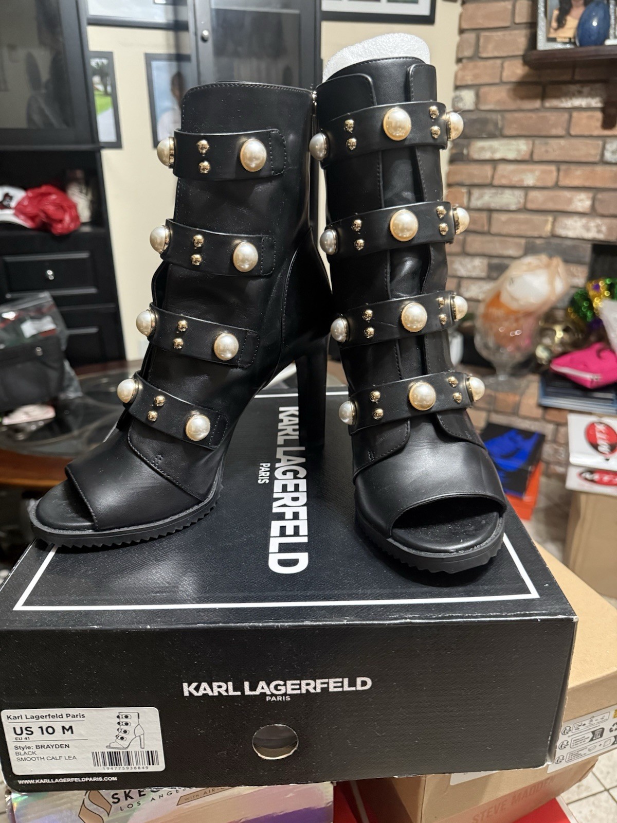 Karl Lagerfeld Paris Brayden Black Leather Pearl Studded Open Toe Bootie Zip 10M