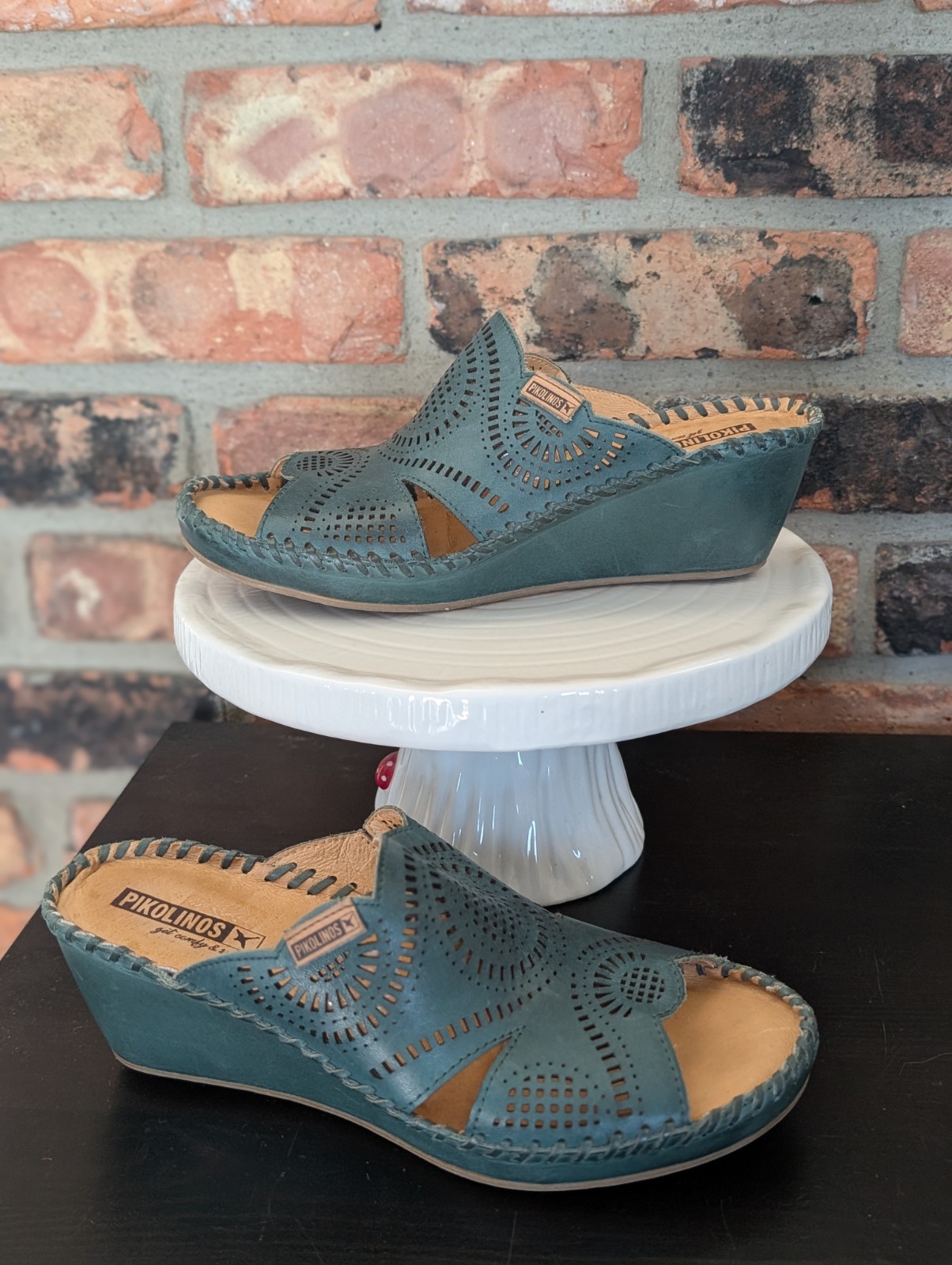 Pikolinos Calfskin Leather Sandals Margarita Midi Wedge Slide Green Sz 38 7.5-8