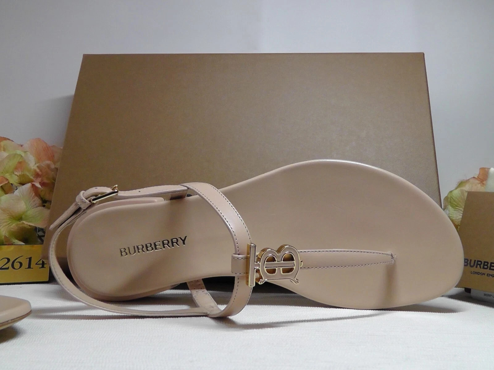 BURBERRY Pale Nude EMILY T-Strap Leather Thong Sandals Size 36.5 US***$720**NIB