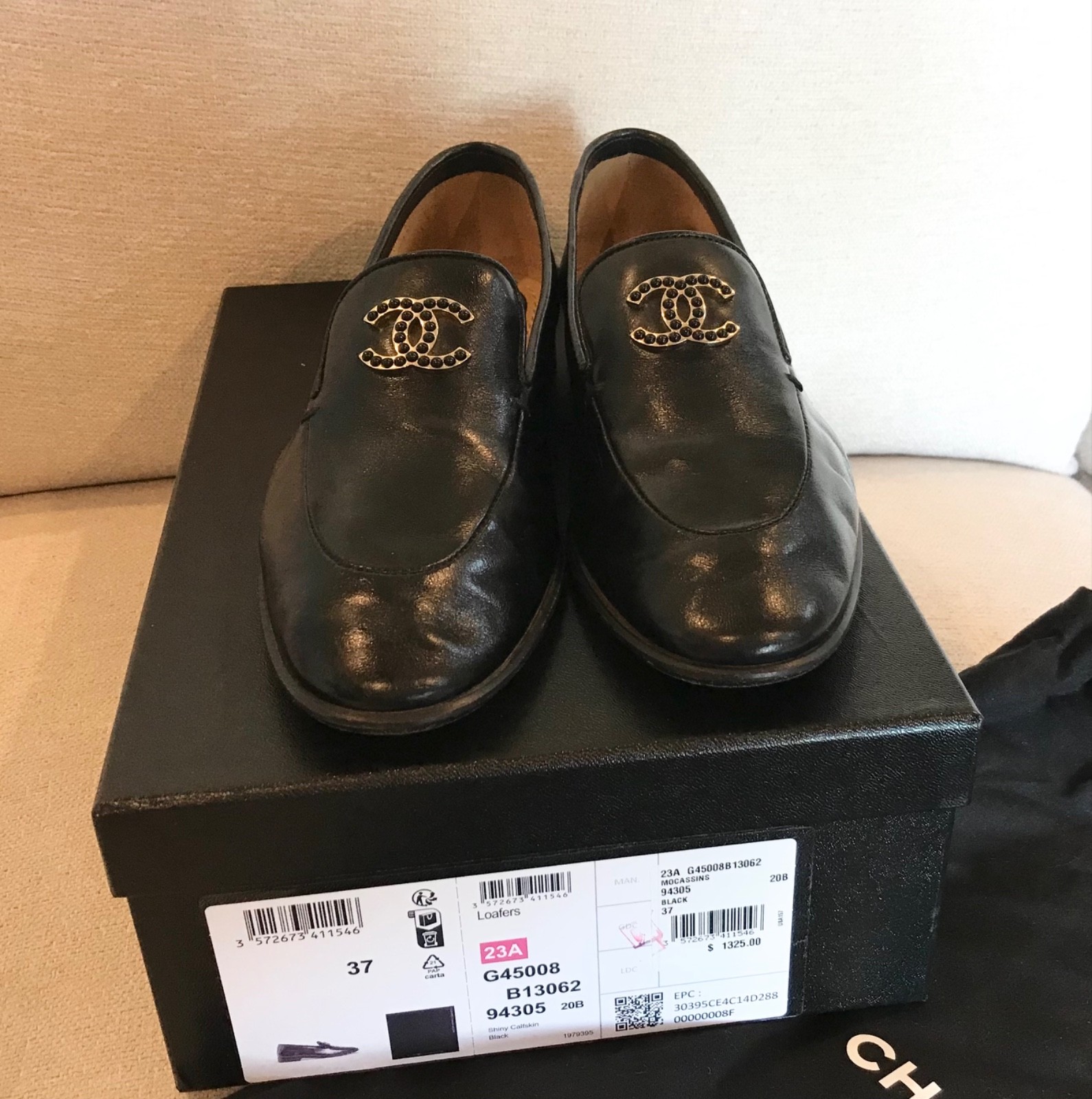 Chanel Black calfskin leather loafer moccasin 37 box and shoe bags