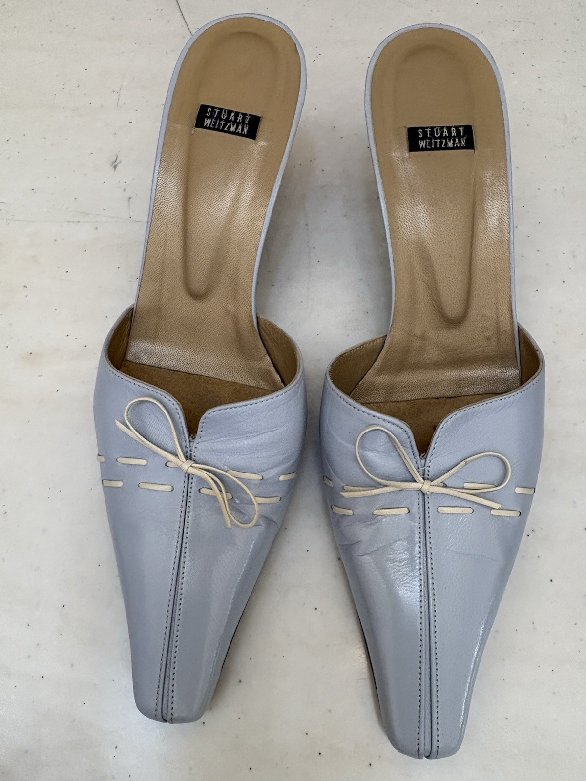 Stuart Weitzman Vintage Y2K Mule Blue Bow Square Toe Slip On Heels US 8.5 M