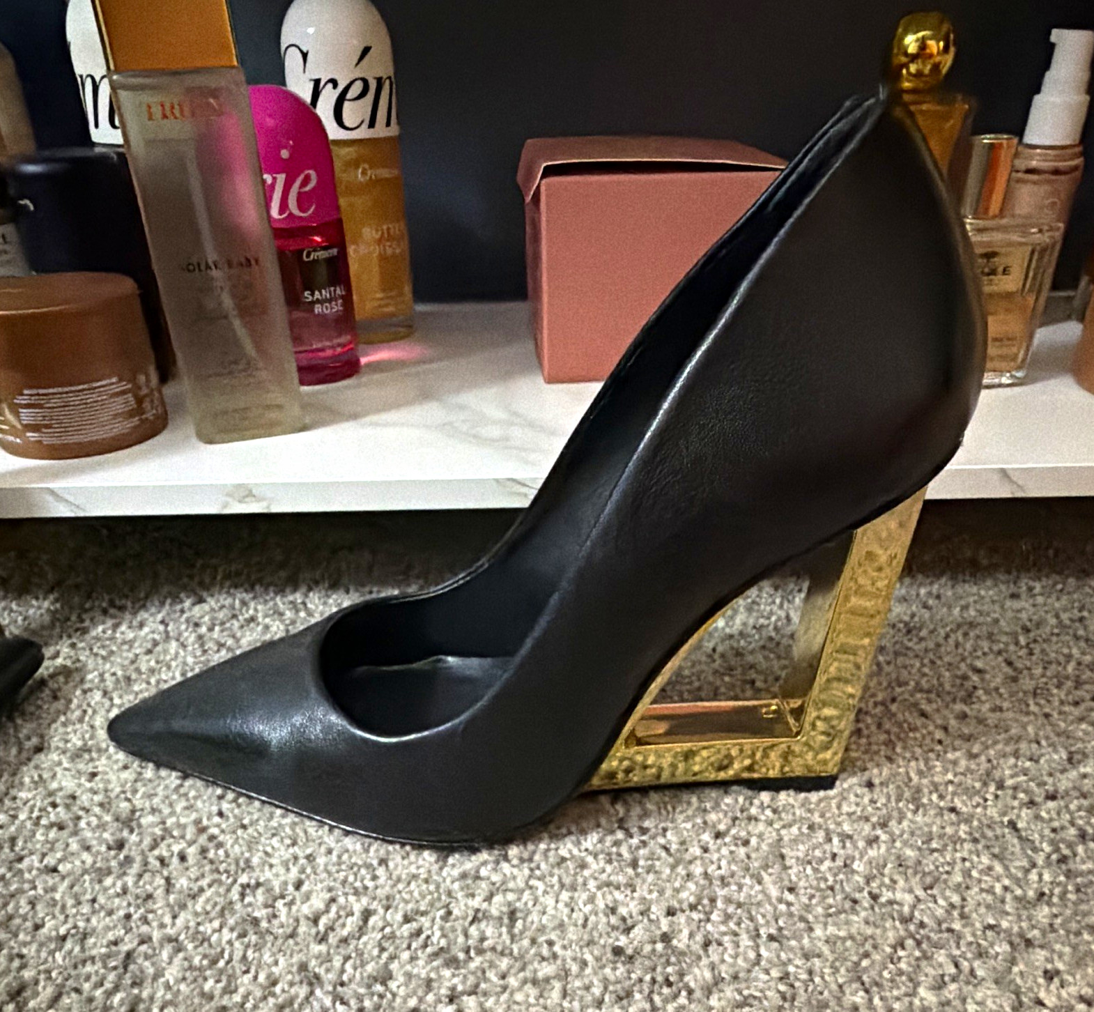SCHUTZ Women’s Black Leather Pointed-Toe Wedge Pump Gold Accent Slip-On 8