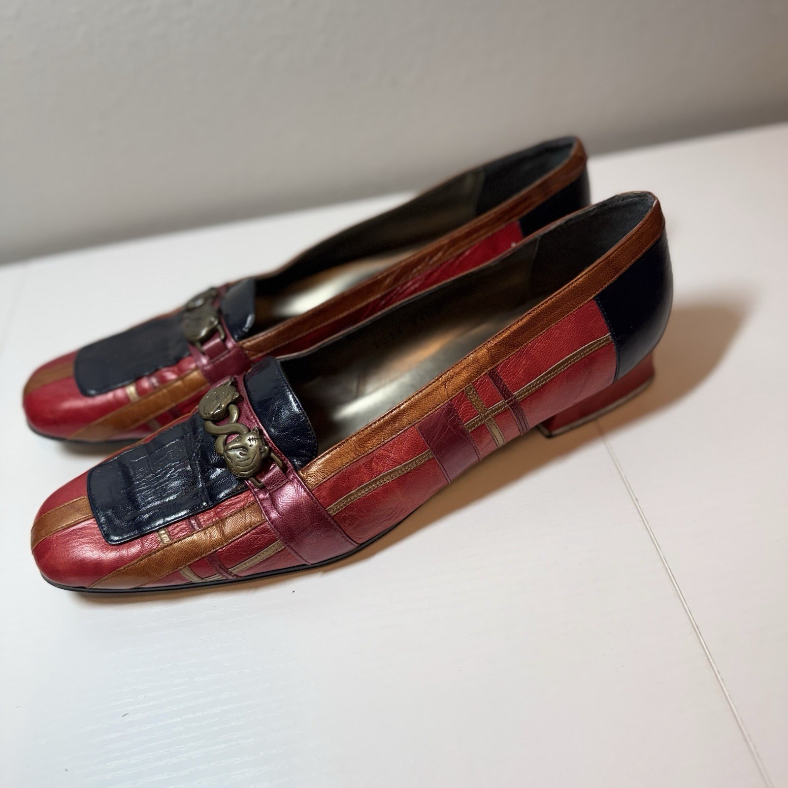 Vtg Margaret Jerrold Red Multicolor Leather Block Heel Shoes Gold Tigers 11.5 N