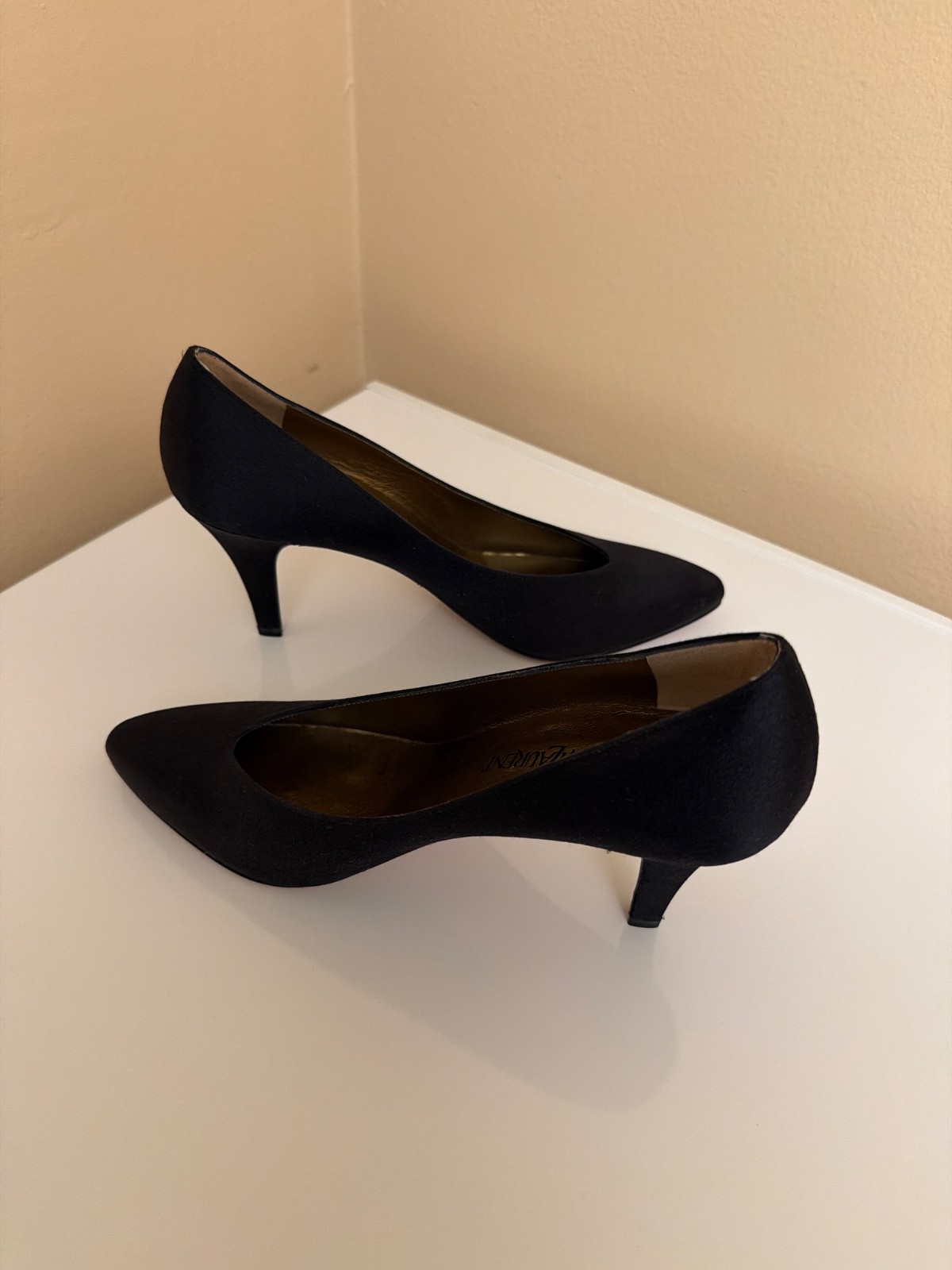 Vintage YSL black satin heels with original box. Size 8. Never worn.