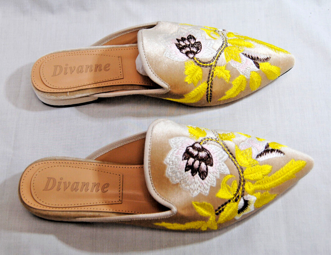 Divanne Womens Embroidery Velvet Loafer Mule Slip-On Pointed-Toe Shoes New T2361