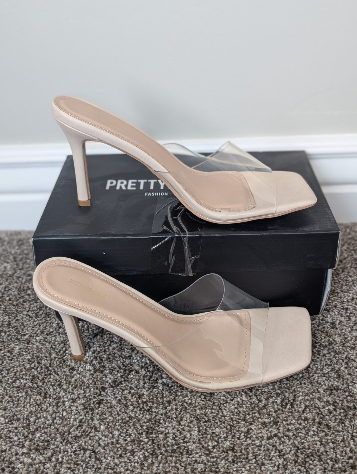 Size 5 Women’s Pretty Little Things Nude Clear Strap Square Toe Mule Mid Heels