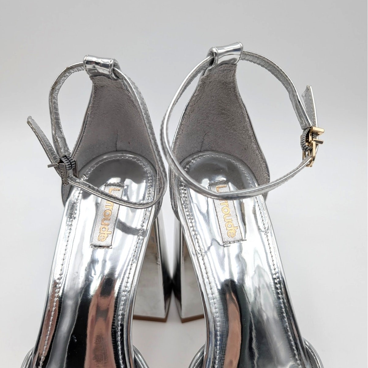 Larroude Ari Block Heel Pump Ankle Strap Women’s Silver Specchio Size US10 EU41