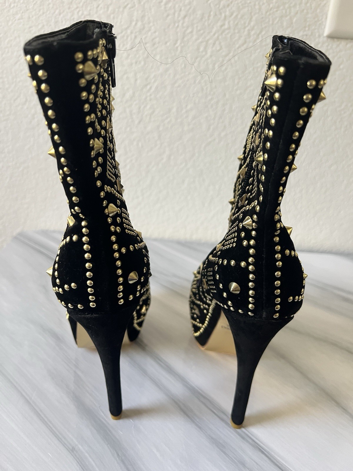 Vigo Fiore Black Velvet Studded Spiked Platform Zip Mid-Calf Boots Women 8 Sexy