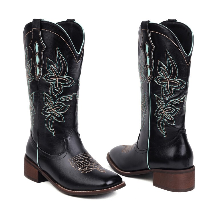 Women’s Faux Leather Pull on Embroidery Mid Calf Boots Retro Outdoor Party Shoes