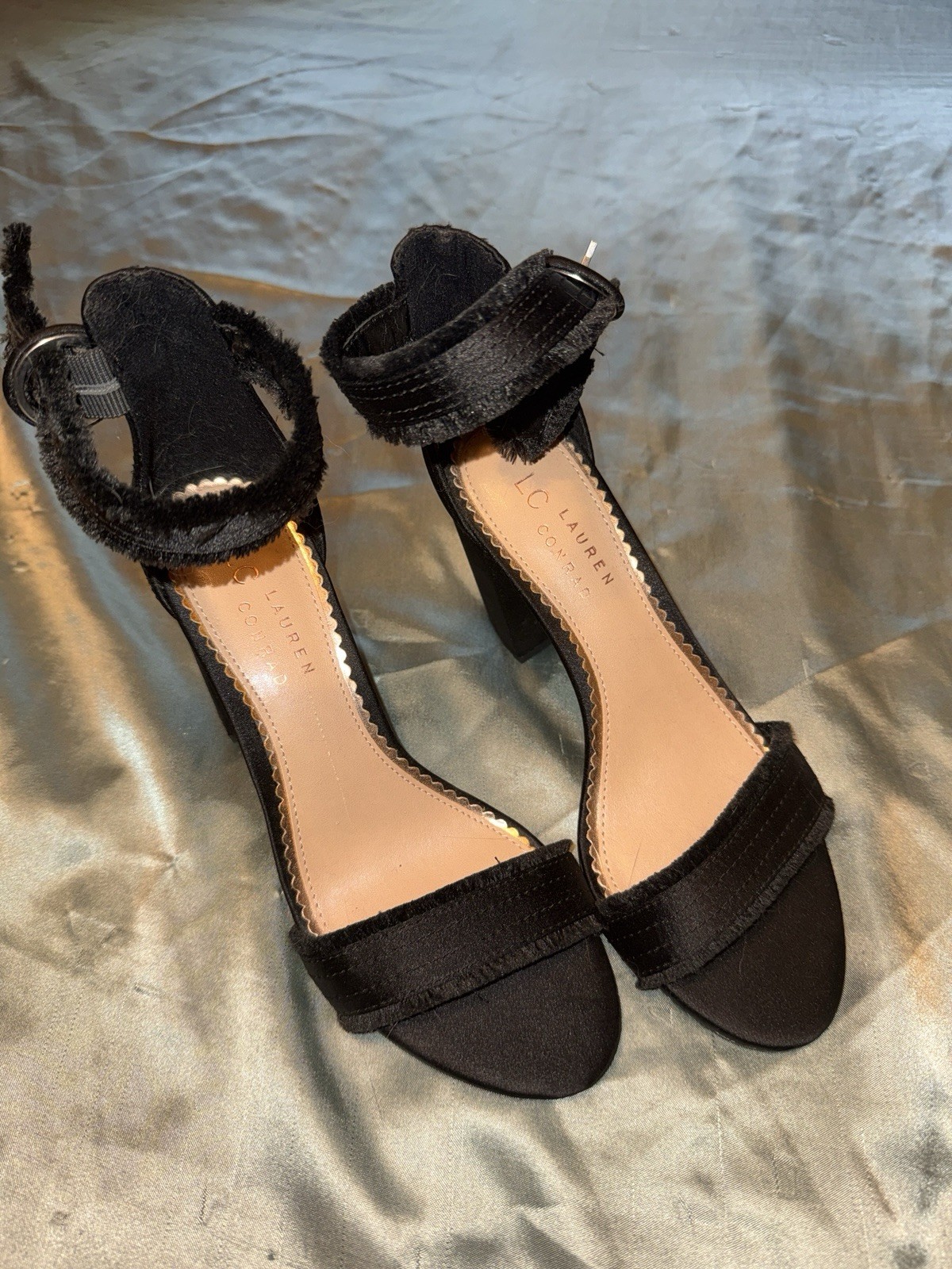 LC Lauren Conrad Black Ankle Strap Buckle Open Toe Block Heel US 7.5