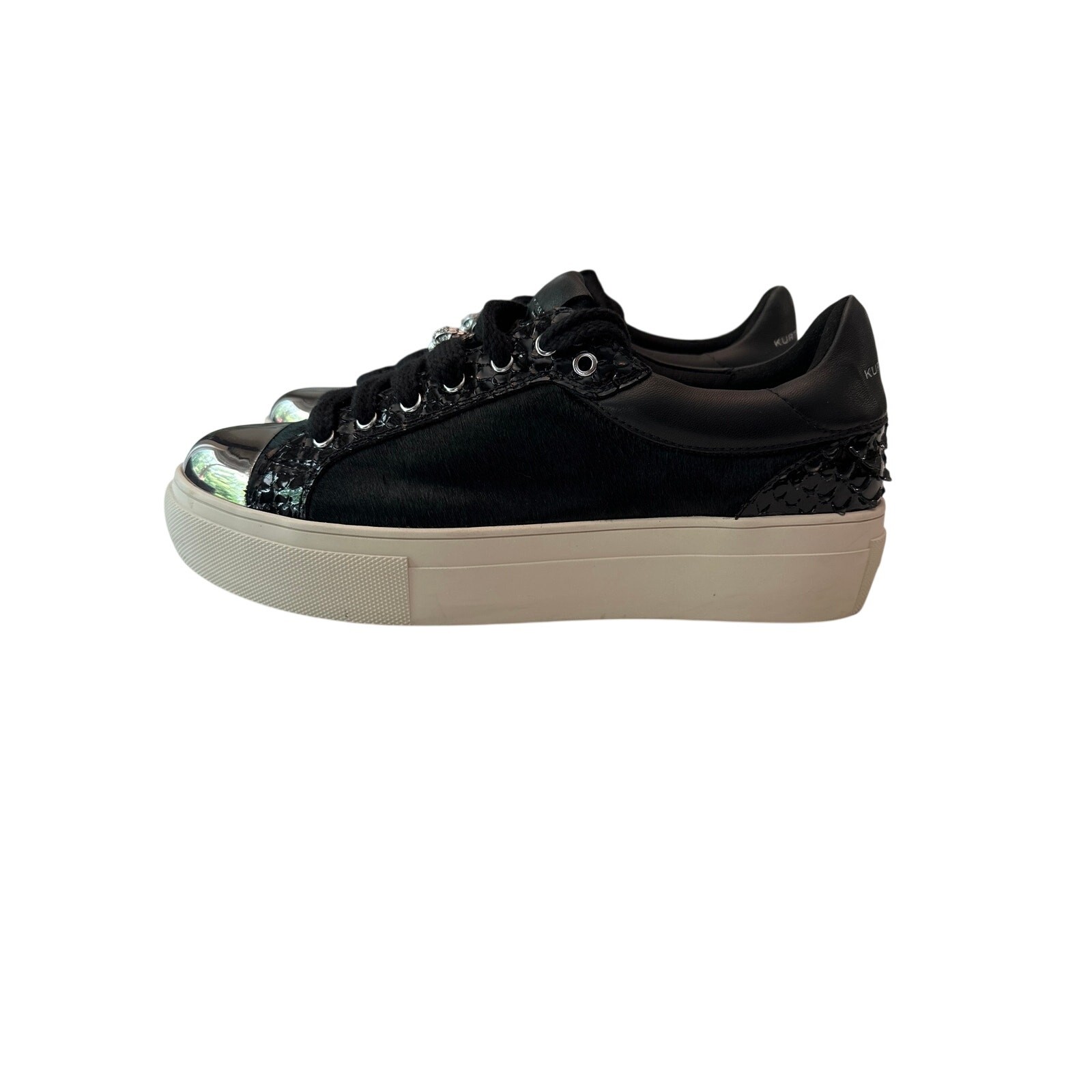 Kurt Geiger London Lana Black Calf Hair Metallic Cap Toe Platform Sneakers 12