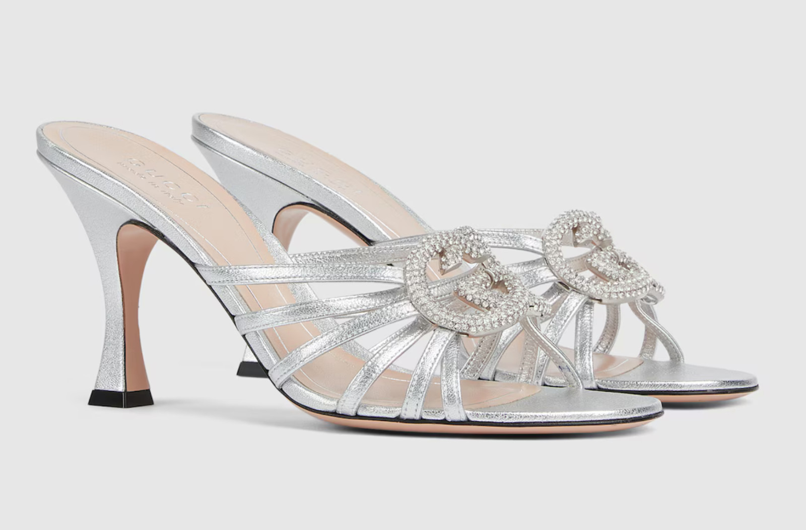 Gucci Interlocking G 85mm Silver Leather Crystal GG Logo Heel Mule Sandal 40