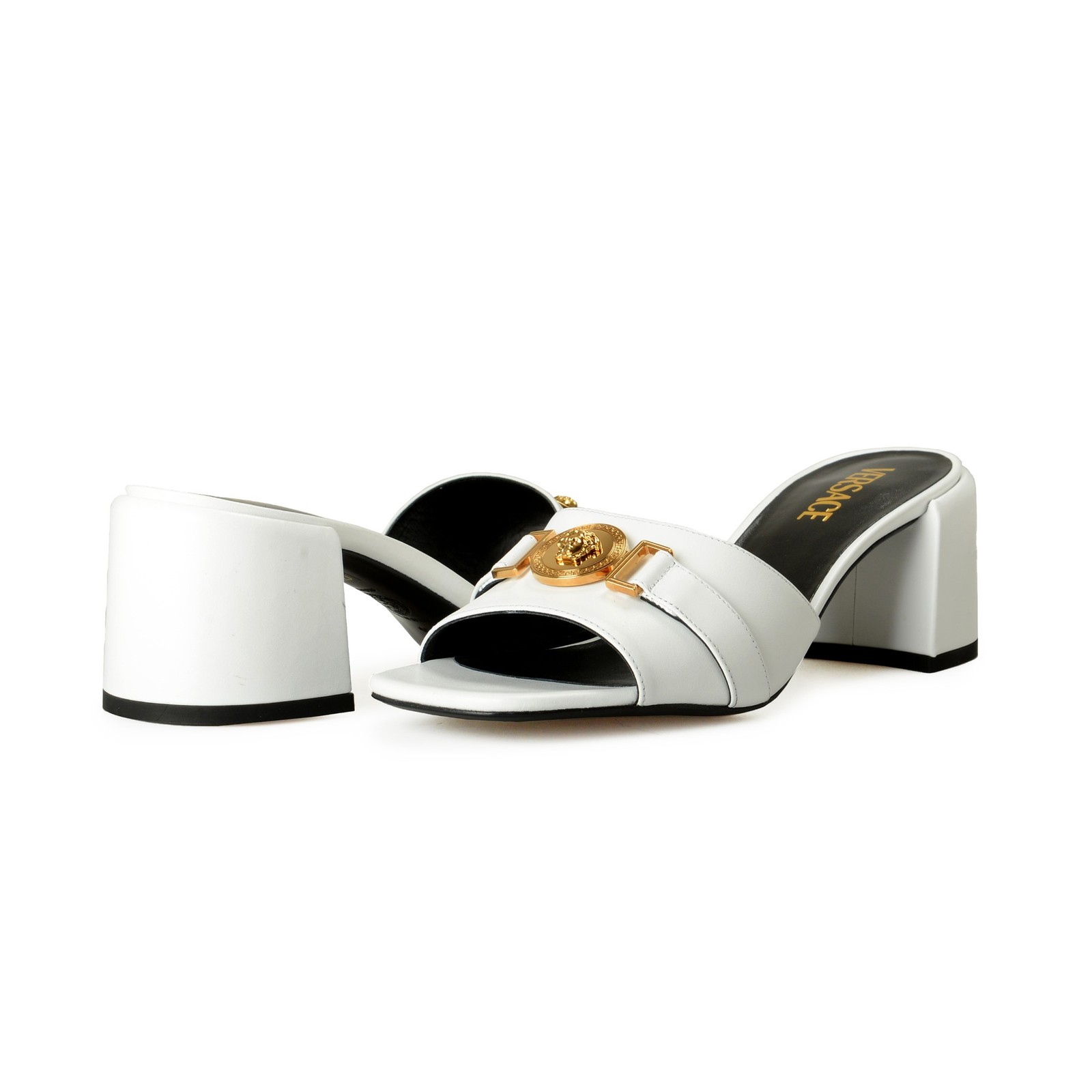 Versace Women’s White Gold Medusa Heeled Sandals Mules Shoes US 6 IT 36