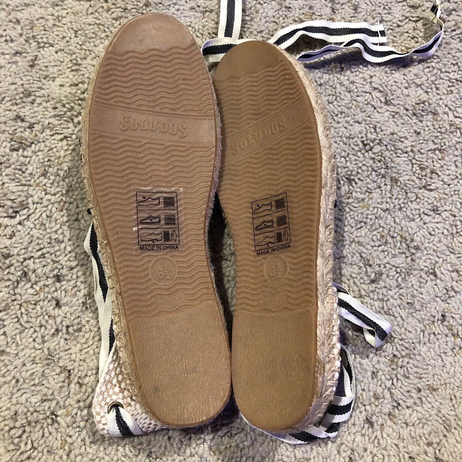 NEW SOLUDOS sz 6.5 Striped Ankle Tie Espadrille Sandals Natural/Black stripe Z22