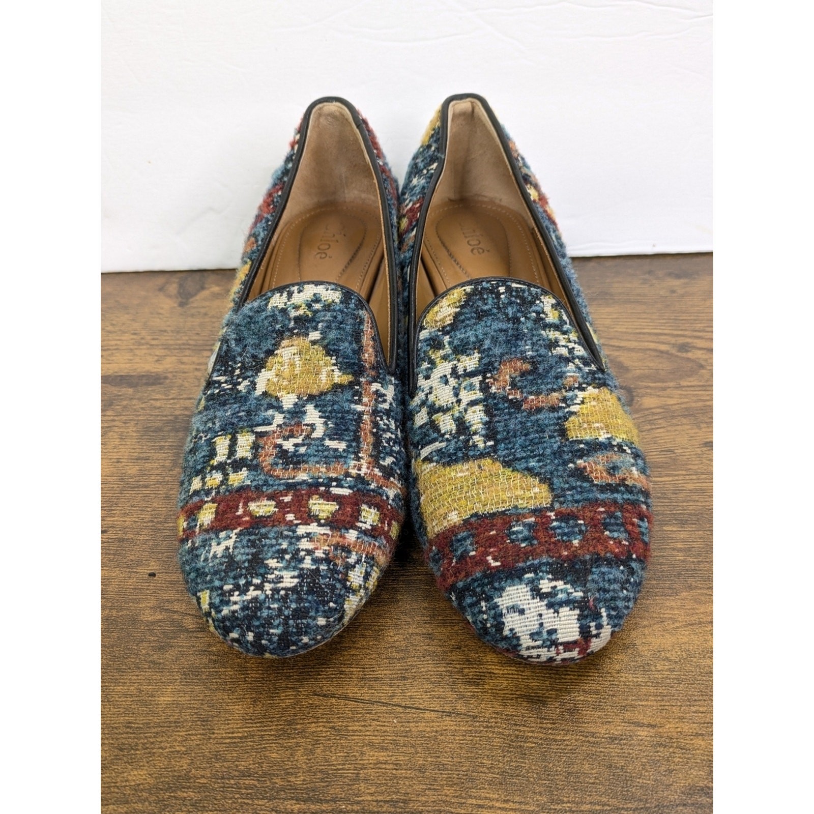 Chloe Kooper Tapestry Tweed Block Heel Loafers Pumps 37 US 7 Textile Brocade