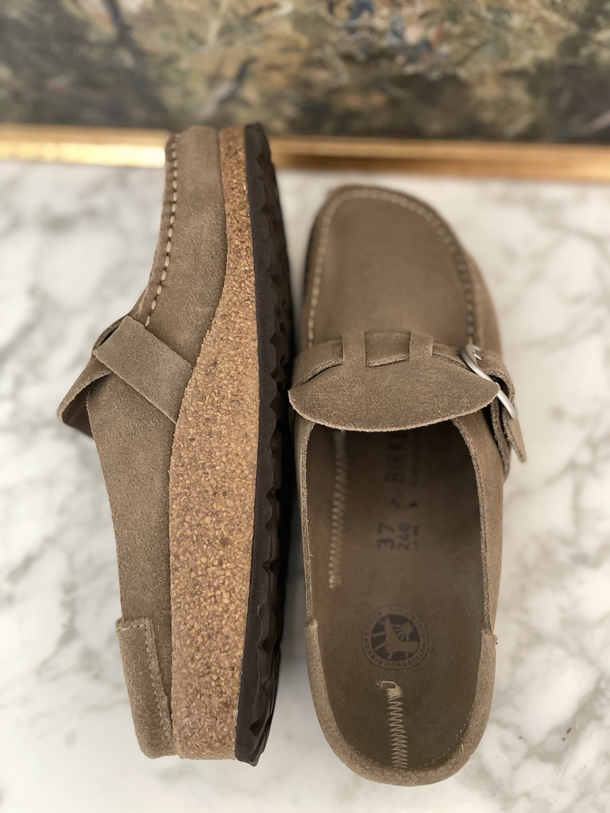 Birkenstock Buckley Taupe Suede Leather Clogs Mule Size 37 Moccasins