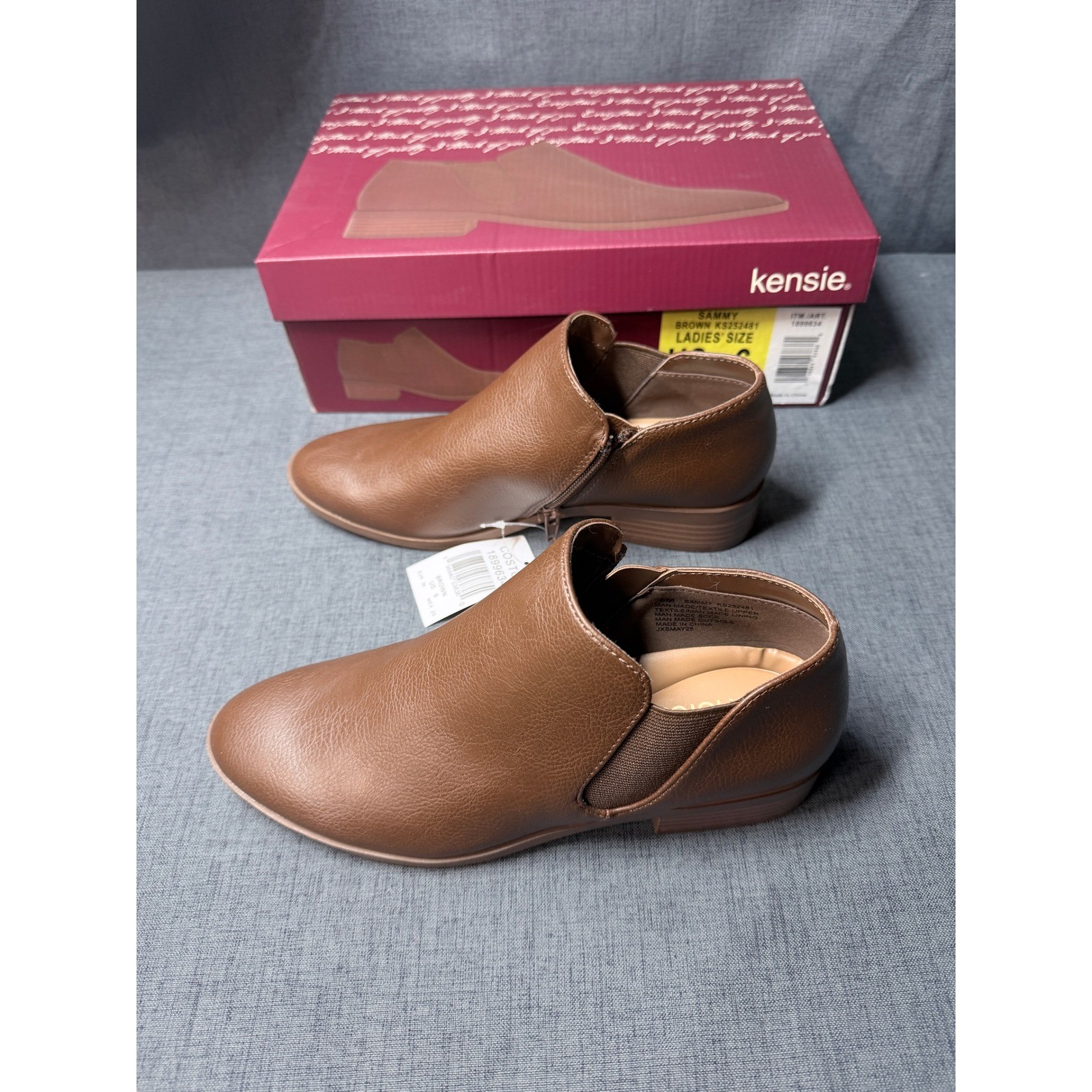 Kensie Sammy Brown Ankle Booties Side Zip Low Block Heel Shoes Womens 6 NEW