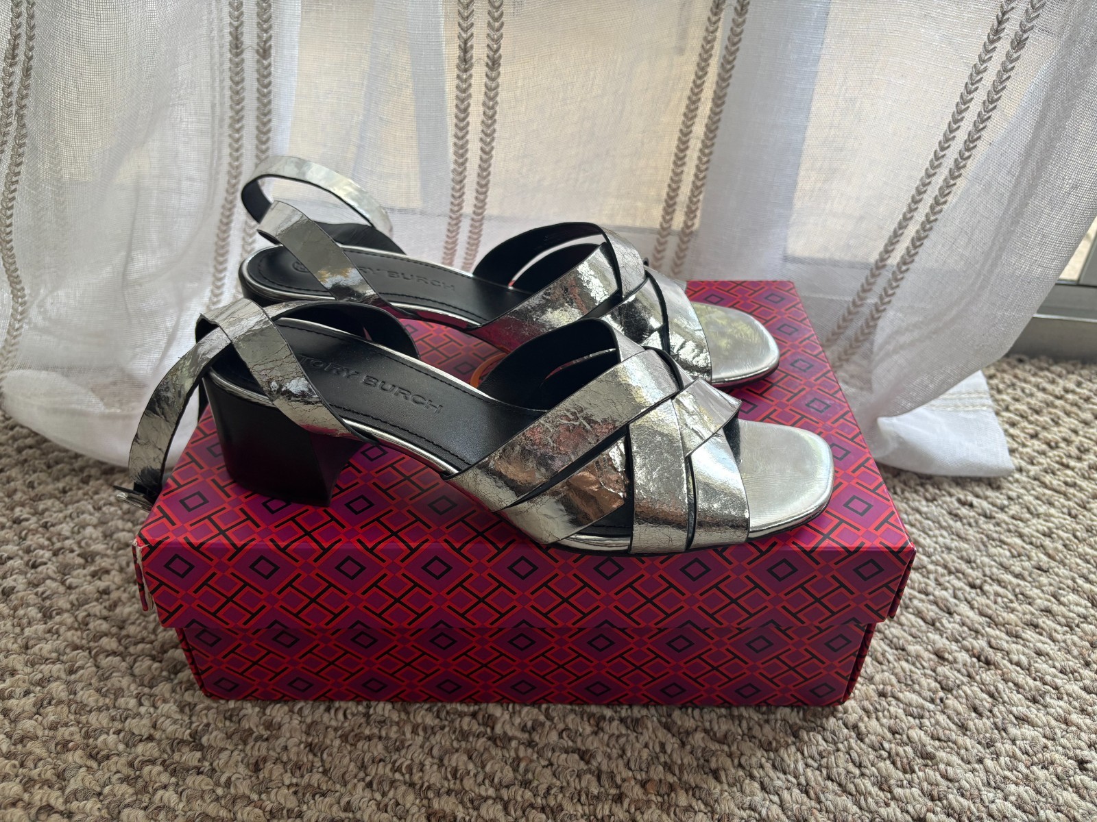 NEW Tory Burch City Heel Metallic Vachetta Leather Sandals Size US 9