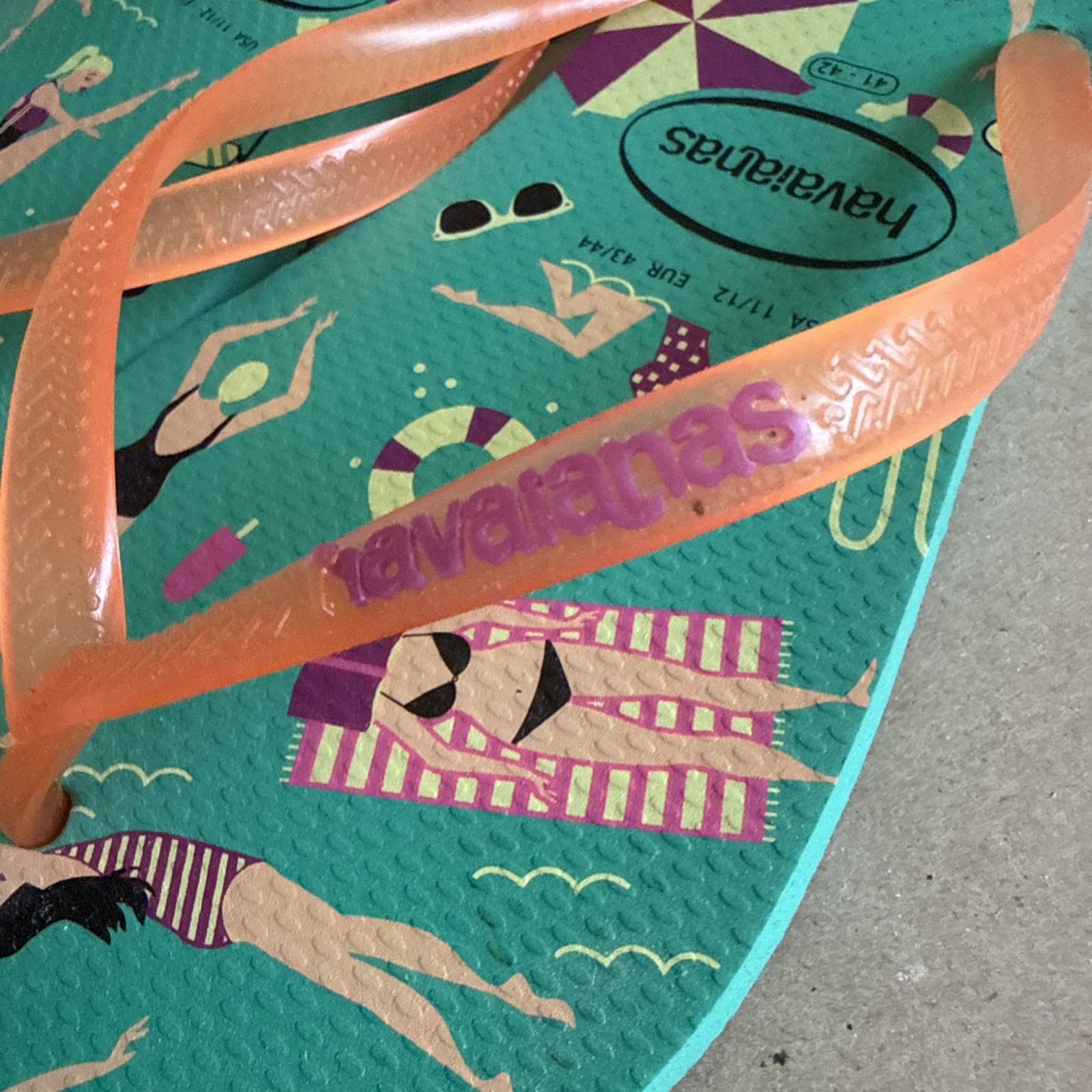 Havaianas Slim Green Pool Party Design with Orange Gel Straps 41/42 – New