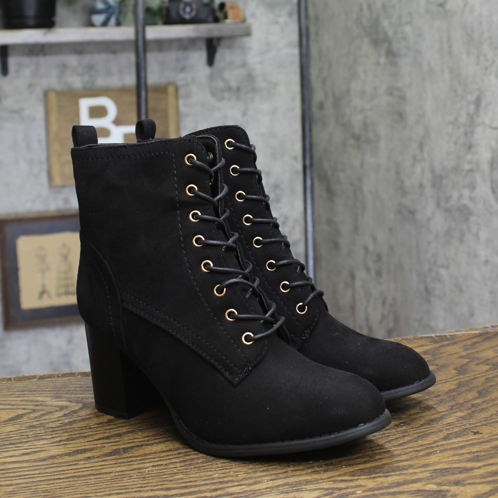 journee Collection Lace-Up Zip Block Heel Faux Suede Bootie Boots Black 8.5M