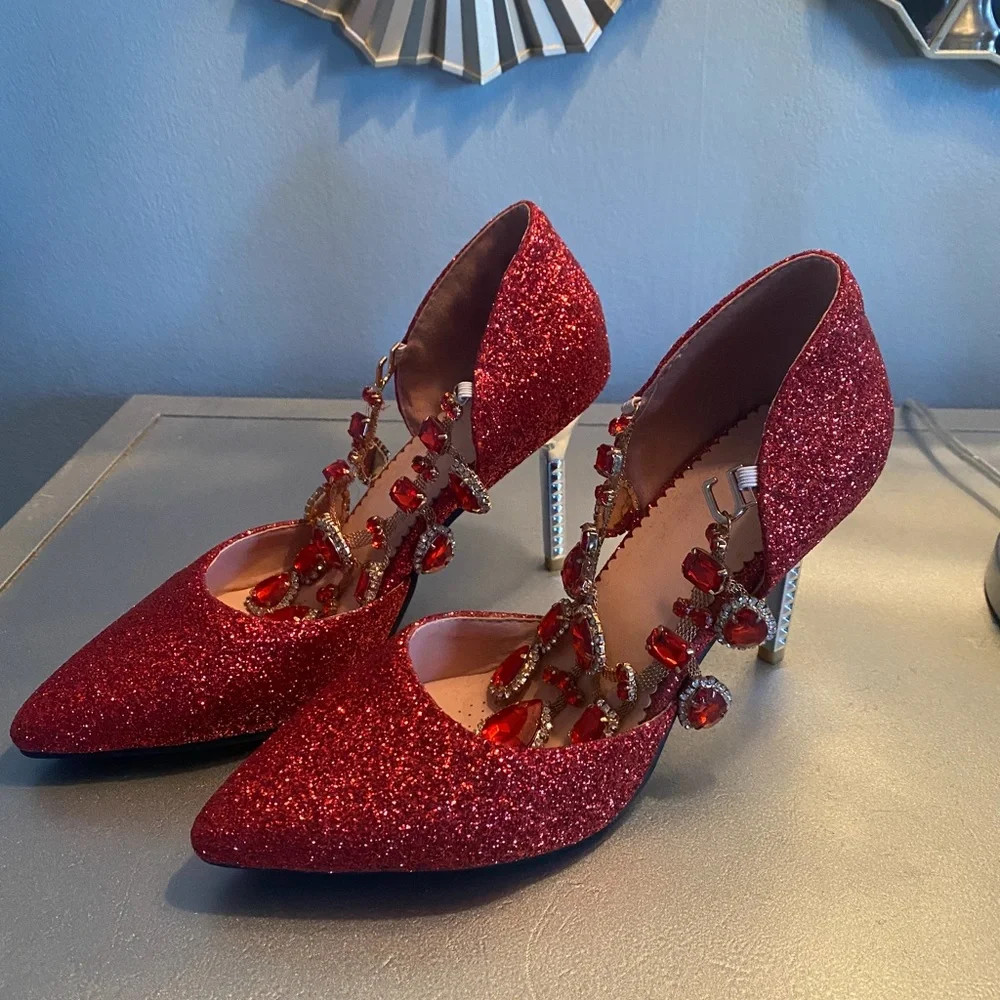 One of a Kind Italian Made Red Glitter Jeweled Rhinestone Skinny 3.5″ Metal Heel