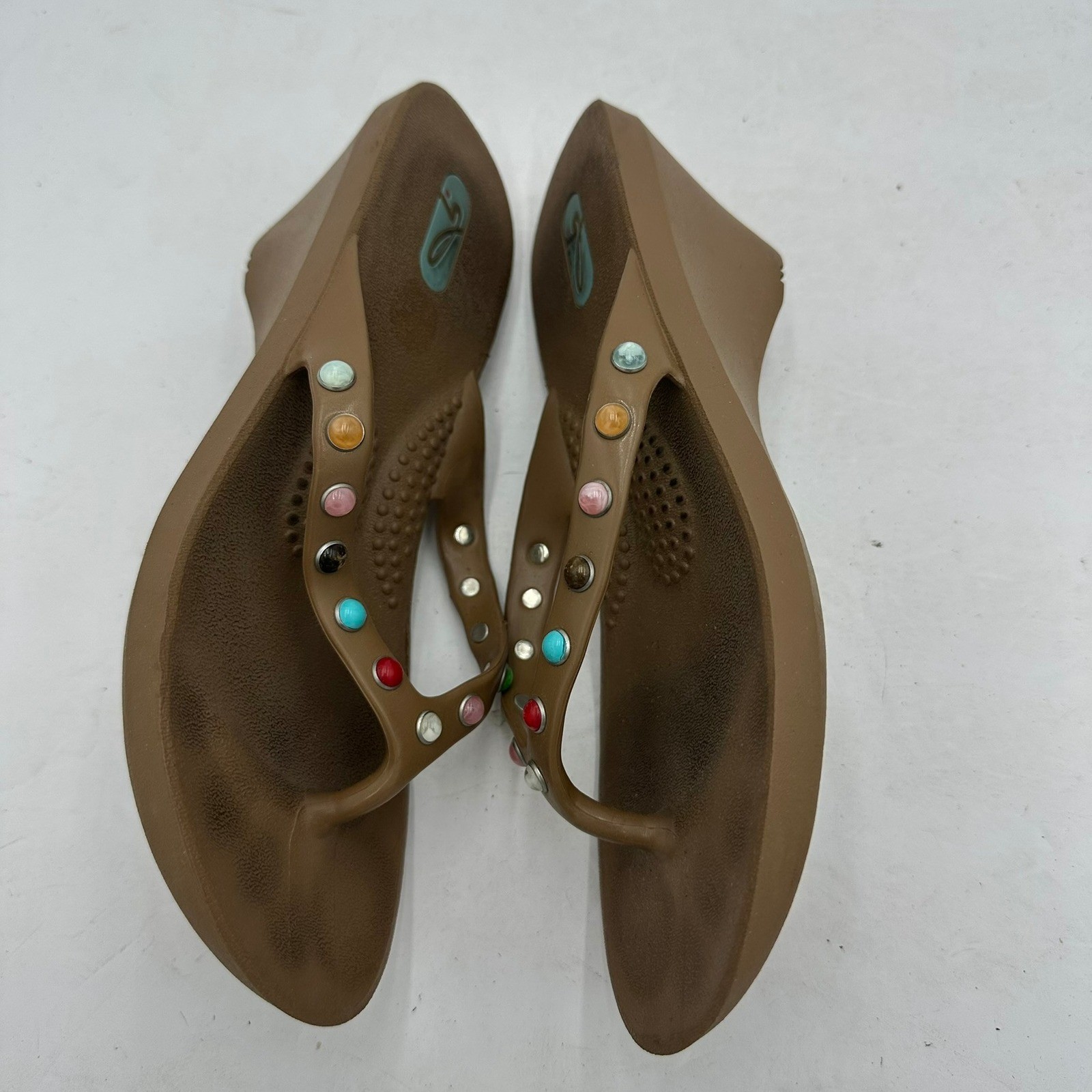 Oka B Womens Brown Studded Wedge Flip Flop Sandals Size S Made in USA 25036