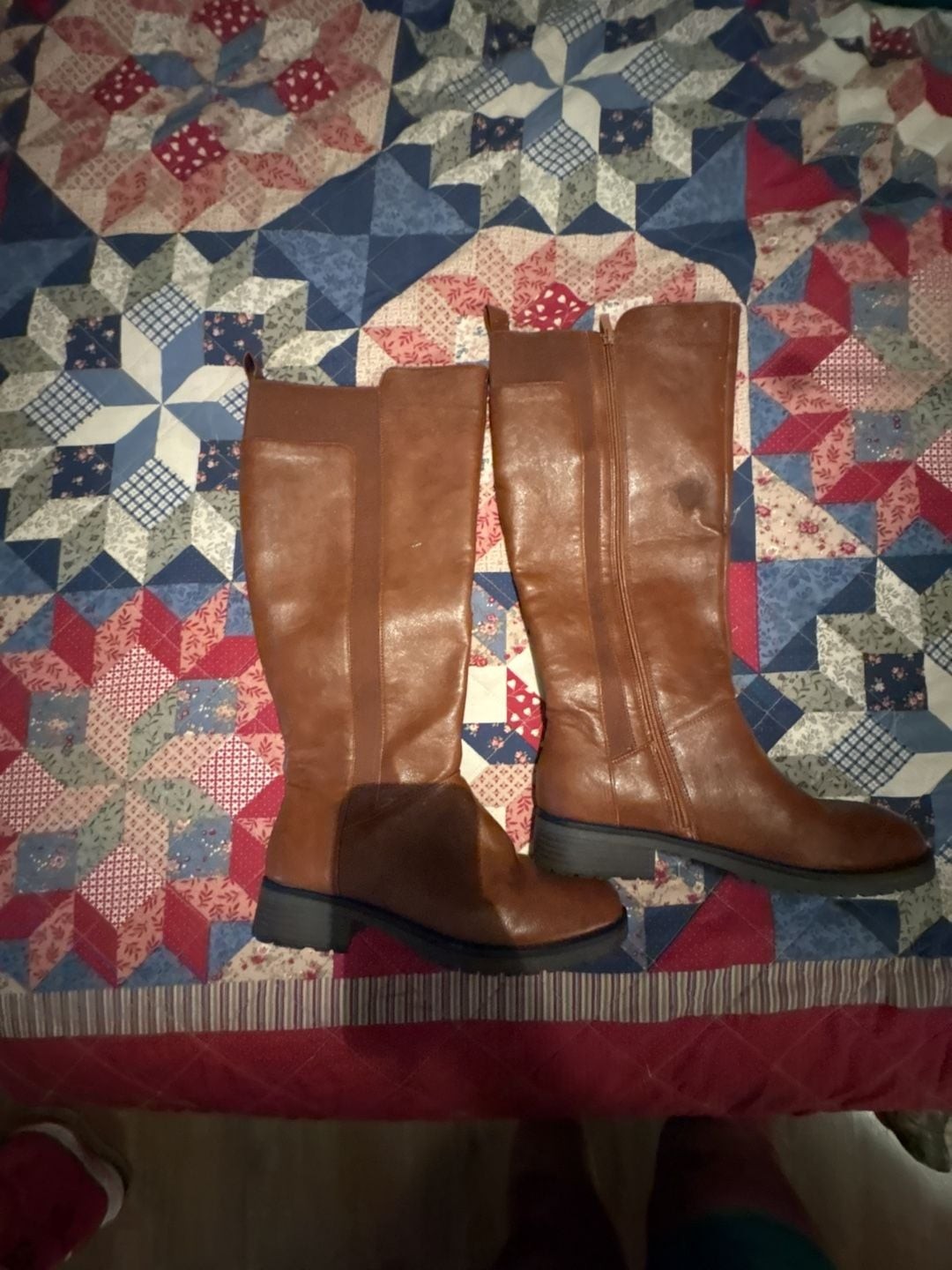 Tan Knee-High Riding Boots with Side Zipper and Lug Sole