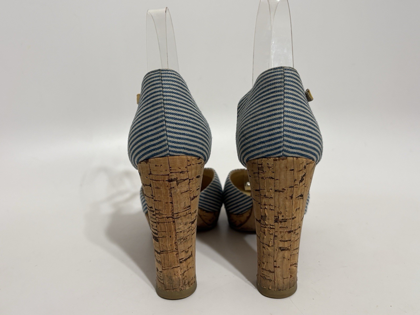 Vtg Chanel Blue CC Logo Striped Platform Heels 37