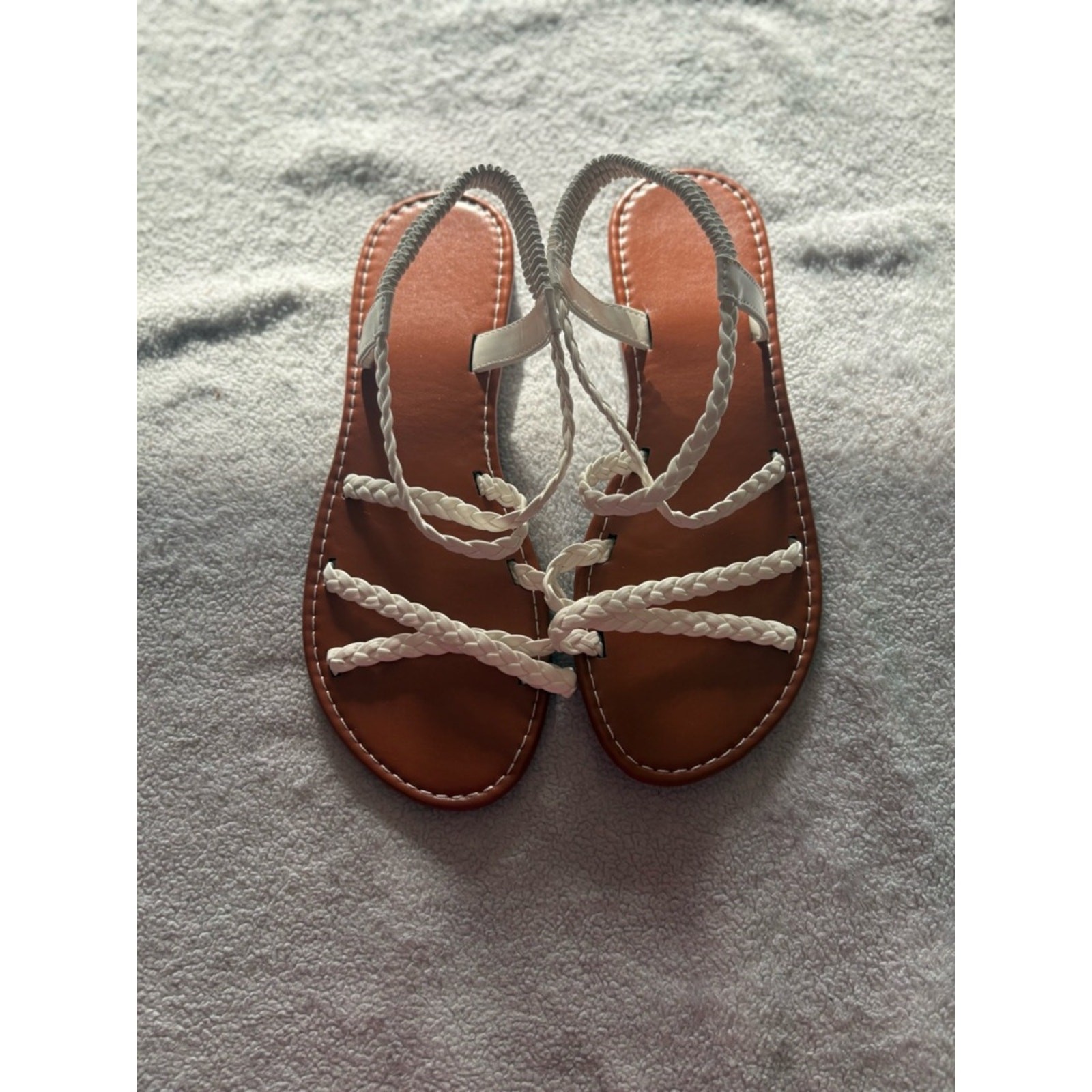 White Braided Strap Sandals Size 38 (US 7) Brown Sole Summer Flats