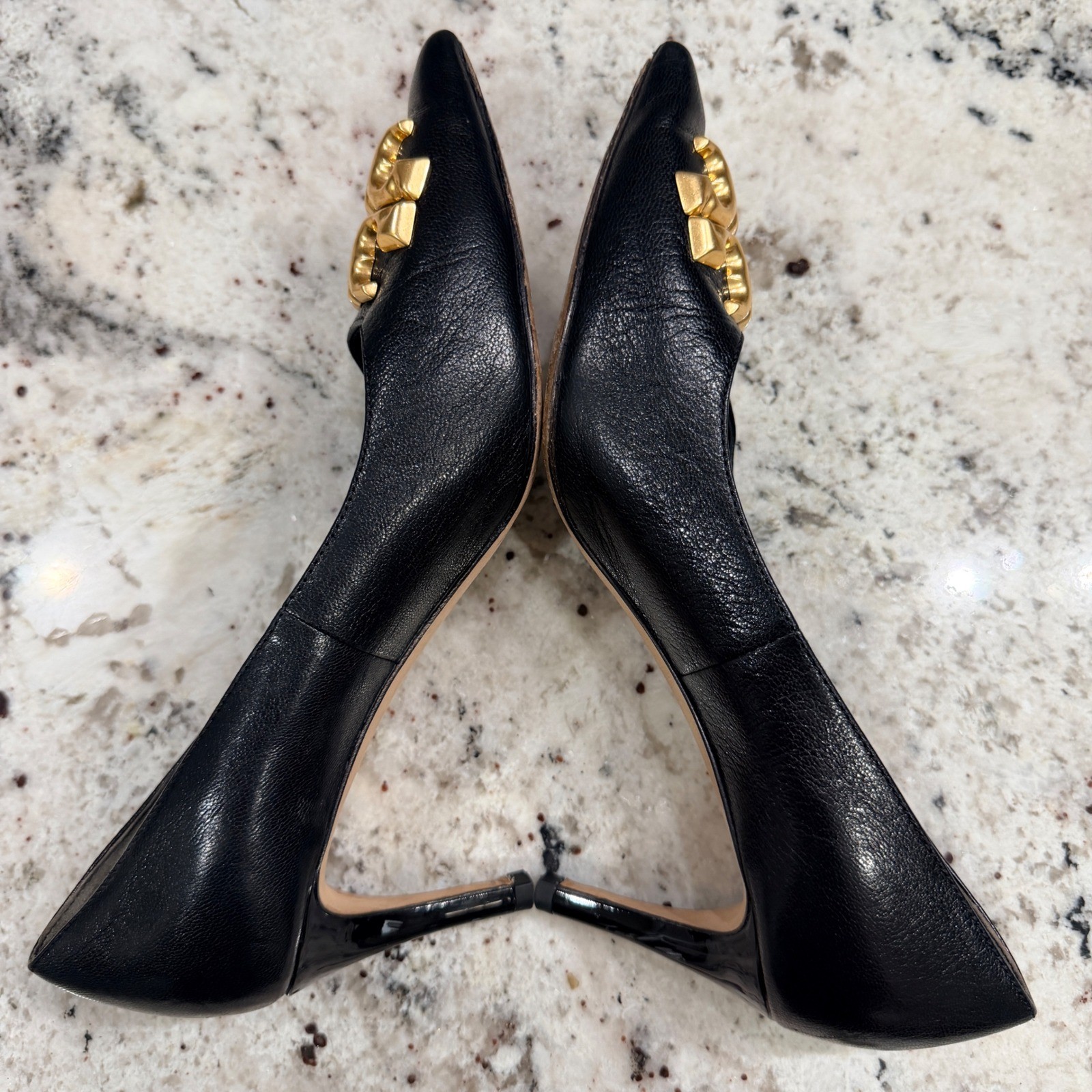 Tory Burch Eleanor 65 Pumps Black Leather Gold Logo Pointed Toe Heels Size 6.5