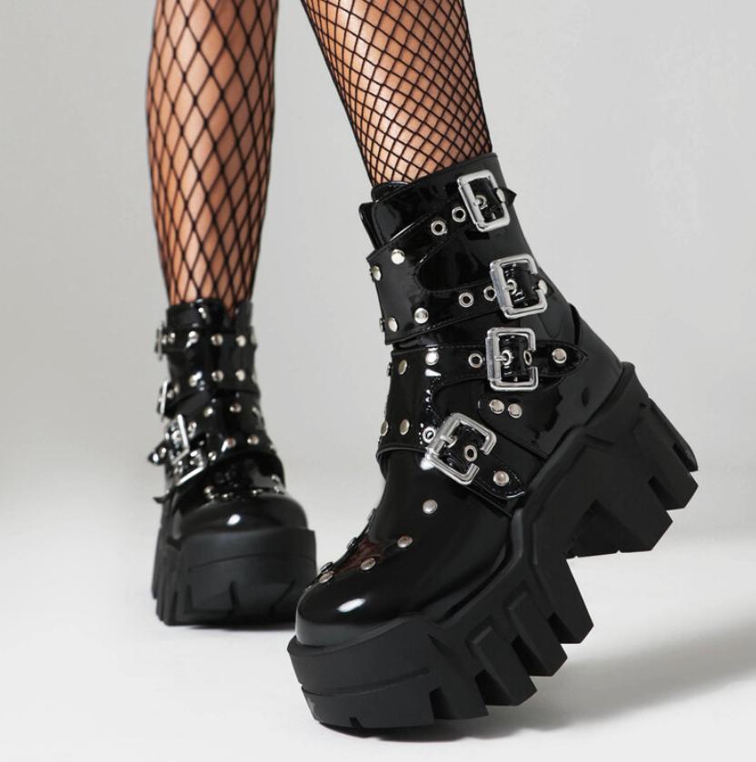 Rivets Ankle Boots Mid Heel Studded Gothic Thick Sole Womens Platform Shoes Punk