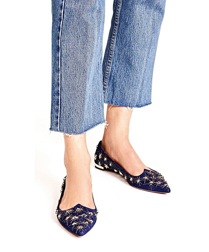 AQUAZZURA Cosmic Star Pointy Toe Flats in Black Silver sz US 6 – IT 36