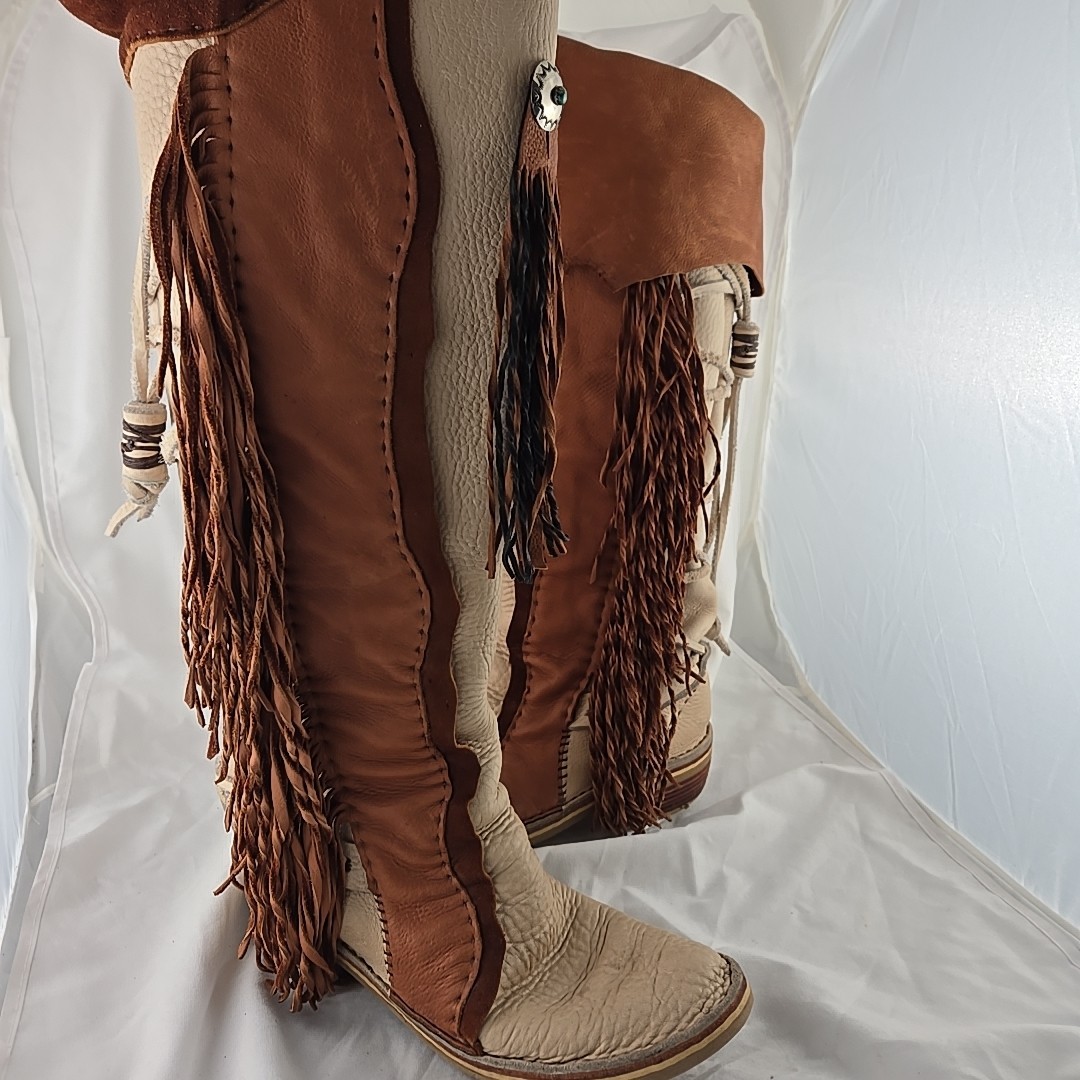 VTG 70s Hand Made Fringed Leather Western Boots Over Knee Concho Womens 9 USA