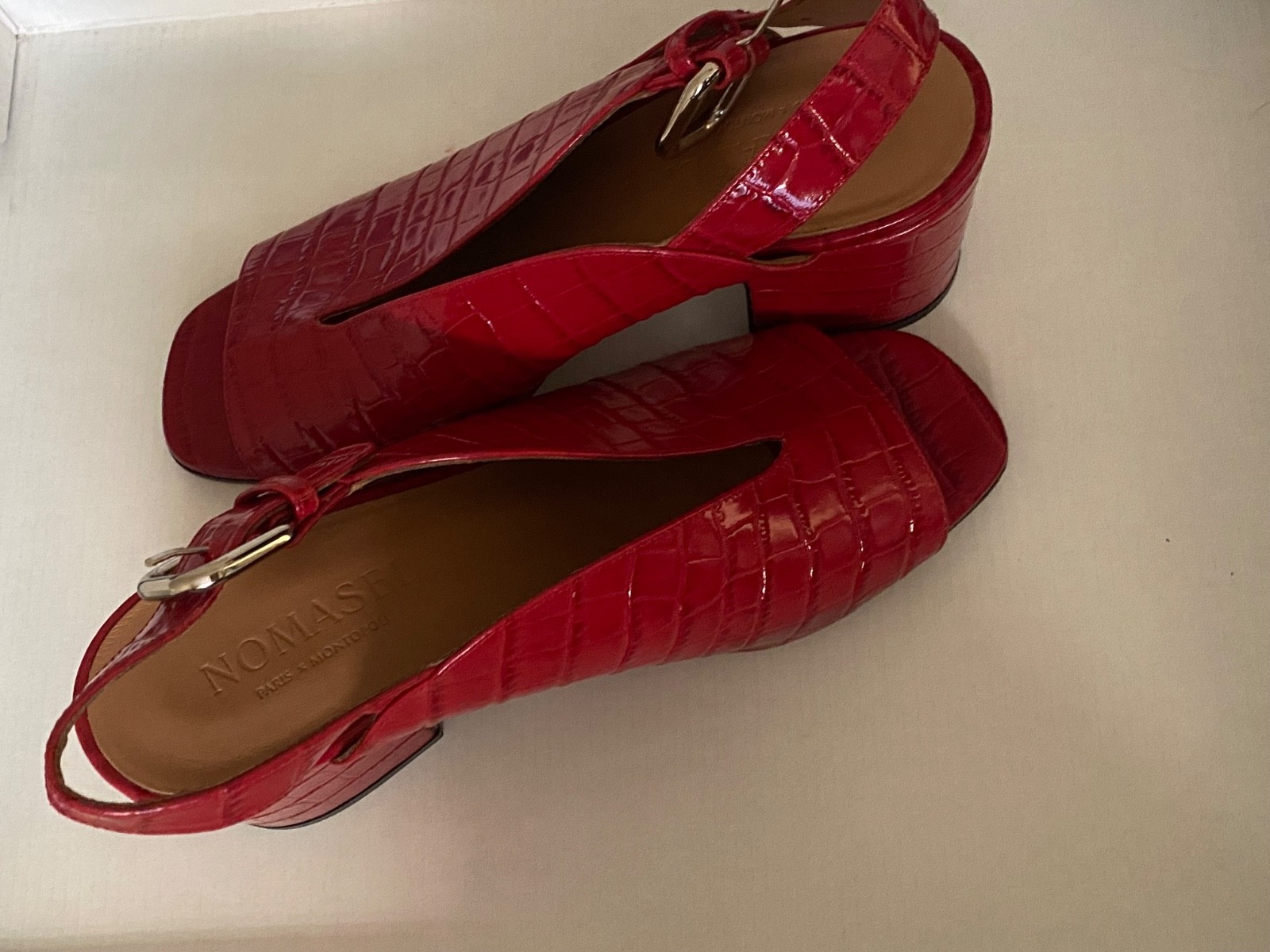 Nomasei Women’s Baghera Red Embossed Leather Slingback Sandals Size EUR 37.5